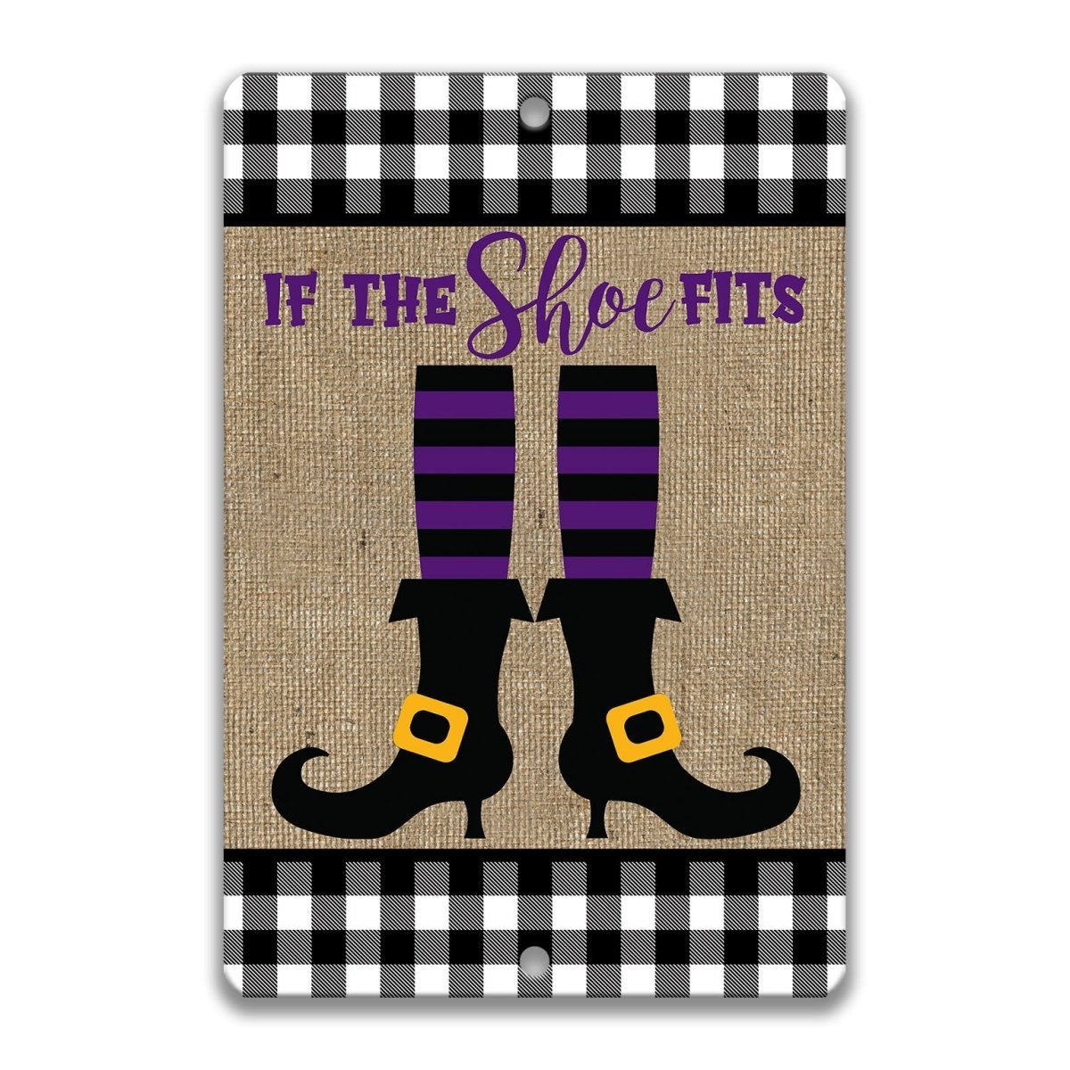 a pair of witch's boots with purple and black stripes, set against a burlap background with a black and white checkered border.