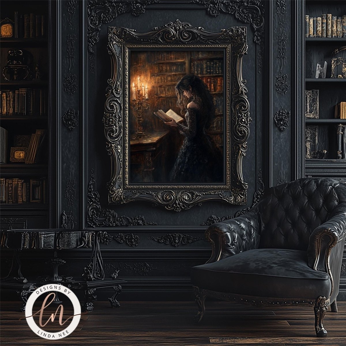 Candelabra reading scene displayed in a room with a leather armchair