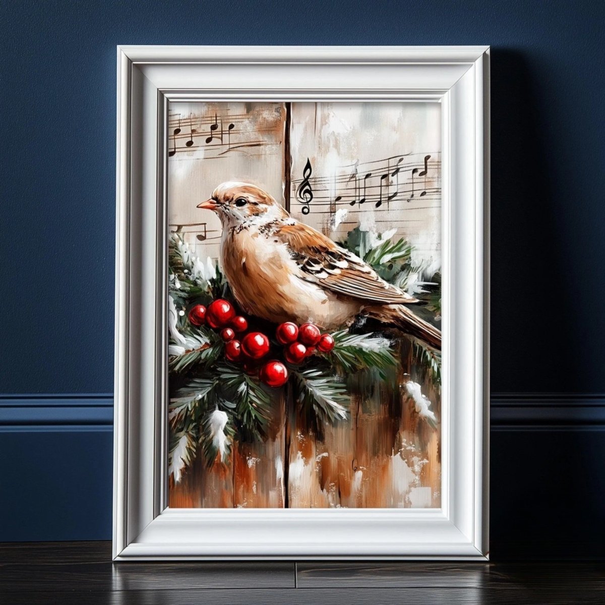 White dove perched on a branch with red berries against sheet music notes