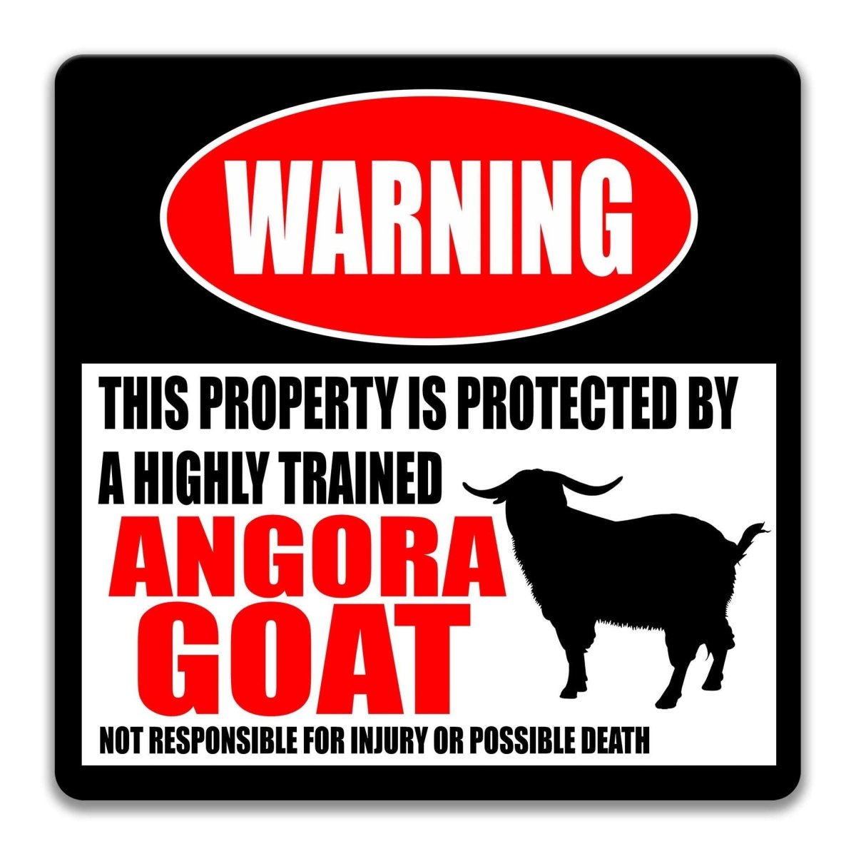 Angora Goat warning sign, red WARNING banner and large Angora goat silhouette, funny Angora Goat lover gift, aluminum with rounded corners
