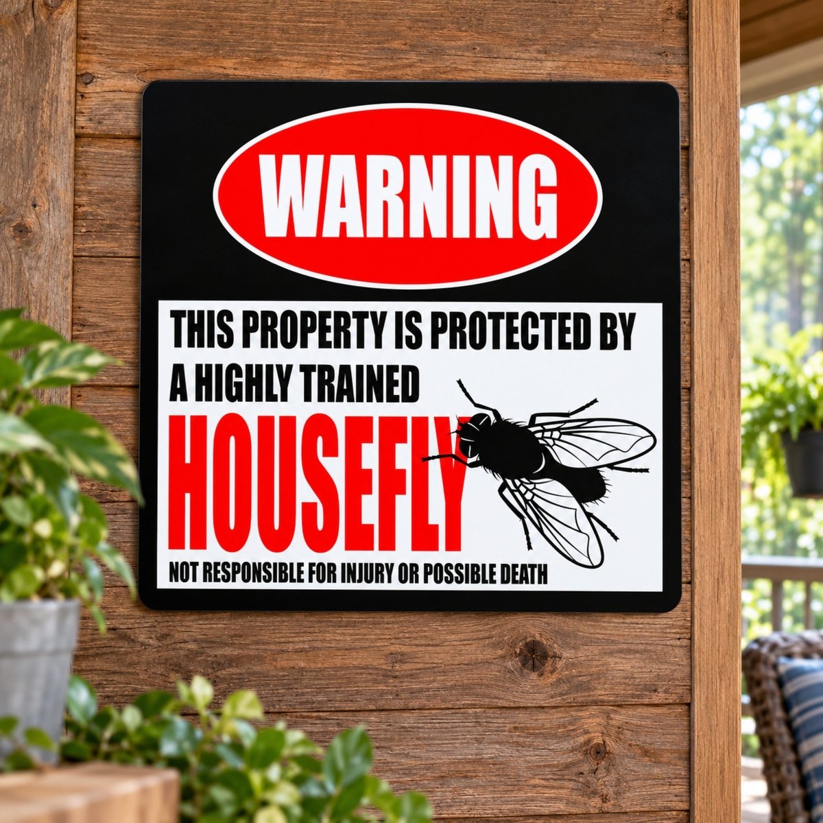 Highly trained housefly metal warning sign hanging on a wooden wall, a funny barn and farmhouse kitchen sign