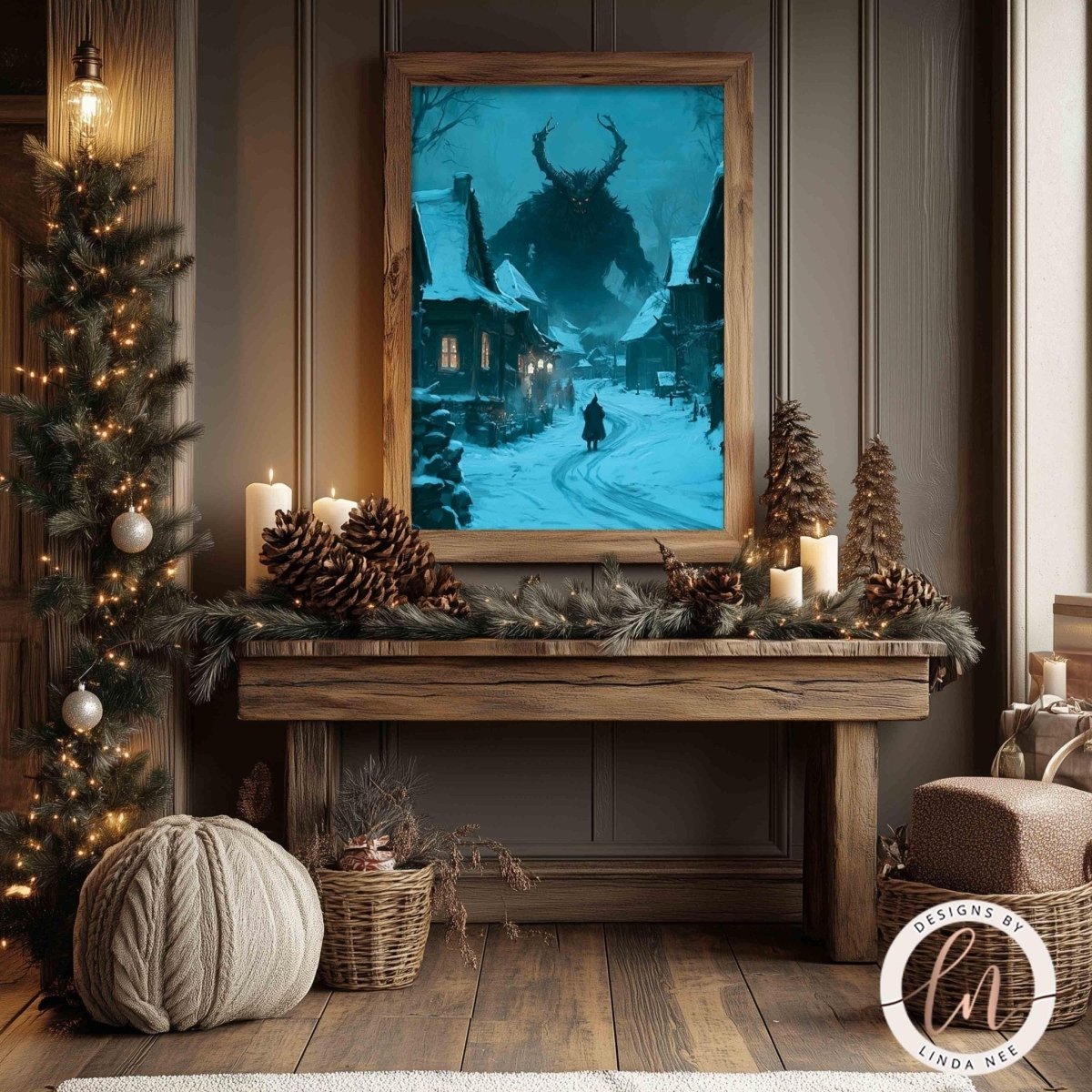 a cozy and festive room decorated for Christmas. A large framed picture of a snowy village with a mysterious figure in the center of the frame is displayed on the wall. The room is adorned with Christmas decorations, including a Christmas tree, pine cones, and other ornaments. A wooden table is also present in the room, with a vase and a potted plant placed on it. The overall atmosphere of the room is warm and inviting, perfect for the holiday season.