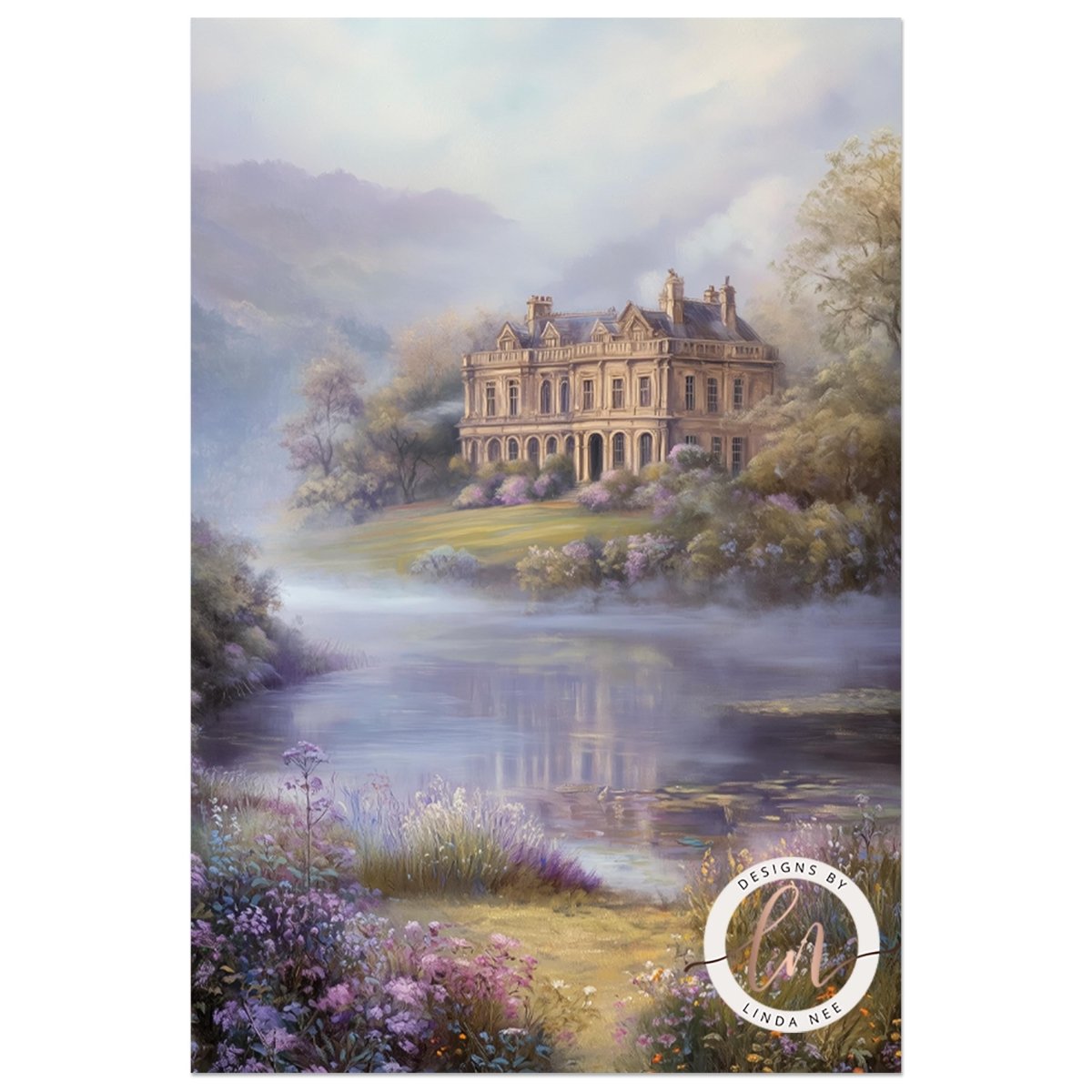 A large, ornate mansion sits atop a hill, overlooking a serene lake surrounded by lush greenery and a misty, hazy atmosphere.