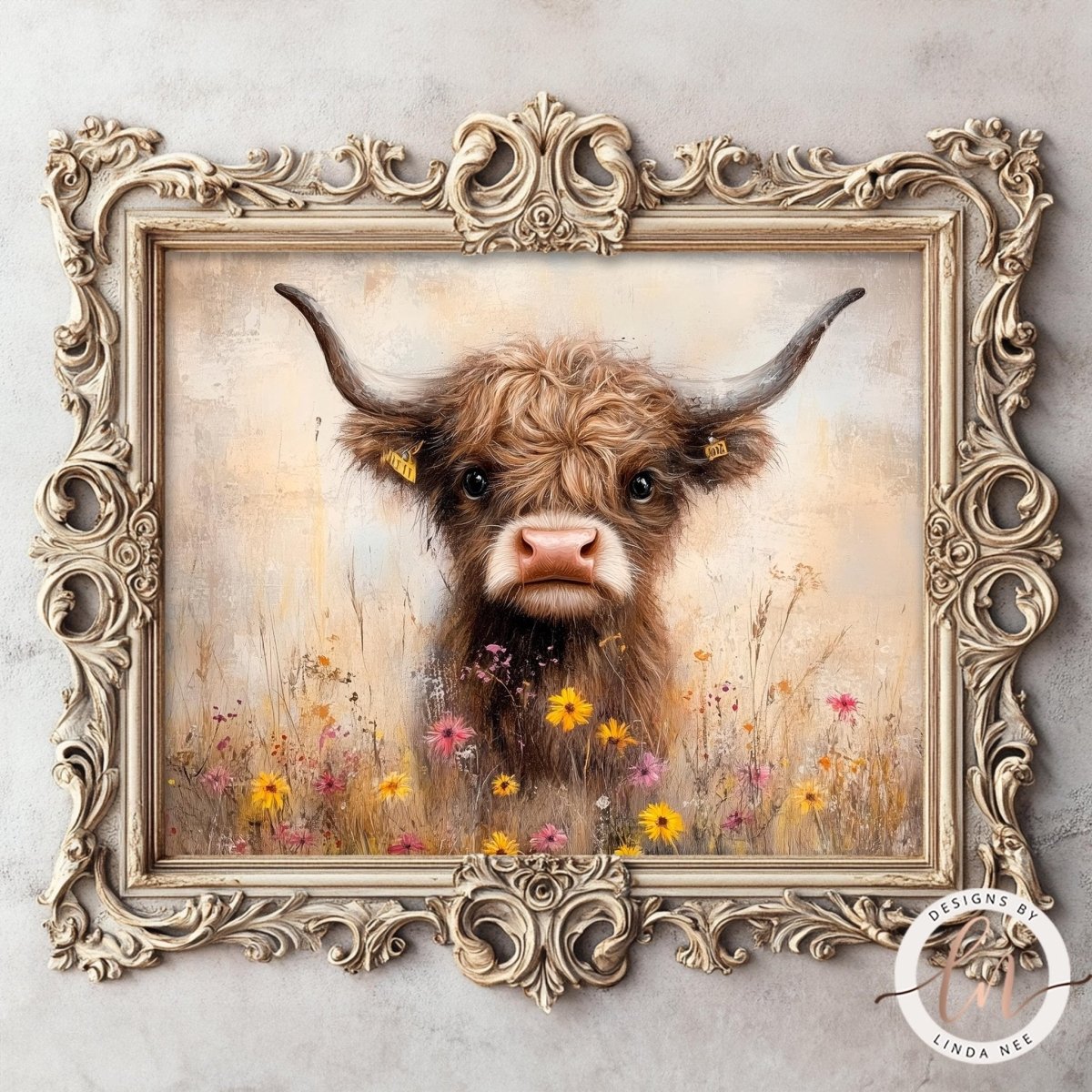 A close-up portrait of a Highland cow with curly horns, set against a field of wildflowers. The cow is framed by an ornate, decorative wooden frame.