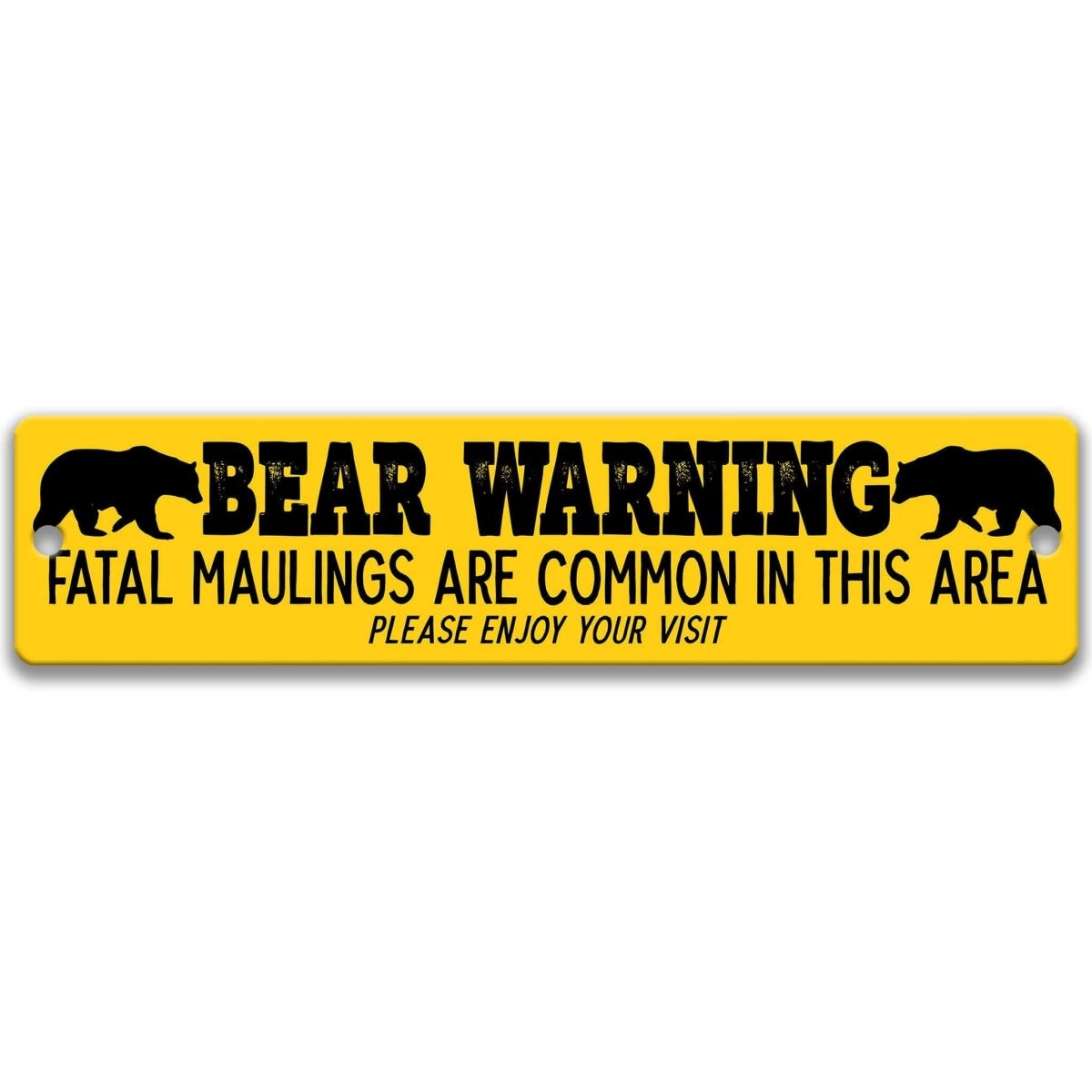 Bear warning metal sign, yellow national-park style, fatal maulings are common in this area, please enjoy your visit, with bear silhouettes