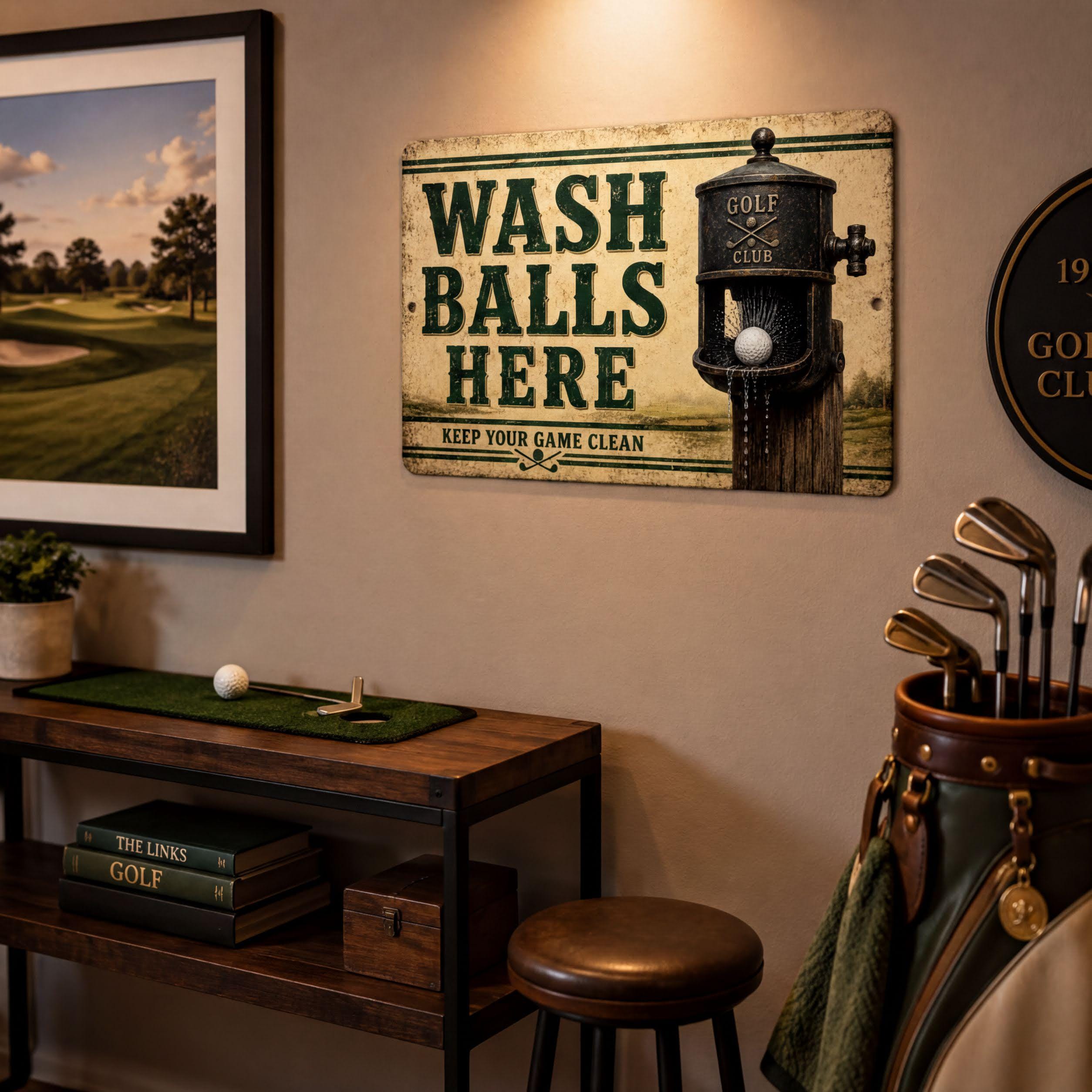 a golf-themed room with a framed sign that reads "WASH balls here" and a golf club with a ball in it. There is also a golf bag and a set of golf clubs in the room.