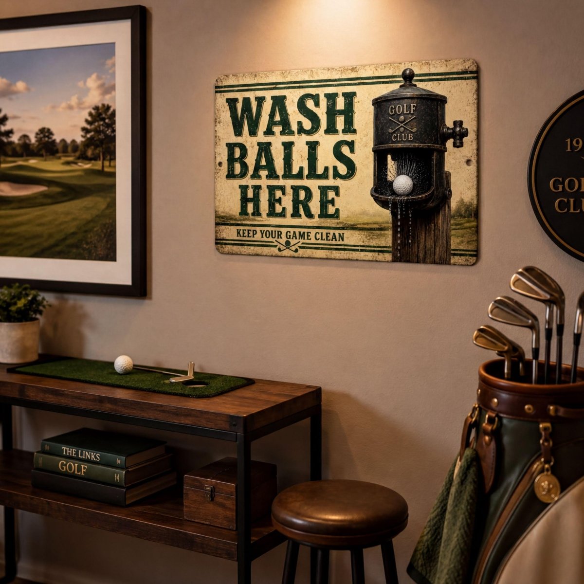 a golf-themed room with a framed sign that reads "WASH balls here" and a golf club with a ball in it. There is also a golf bag and a set of golf clubs in the room.