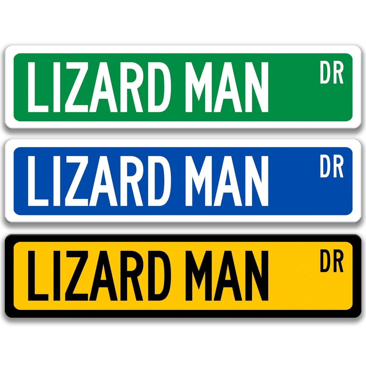 Lizard Man Metal Street Sign in green, blue, and yellow, reading LIZARD MAN DR