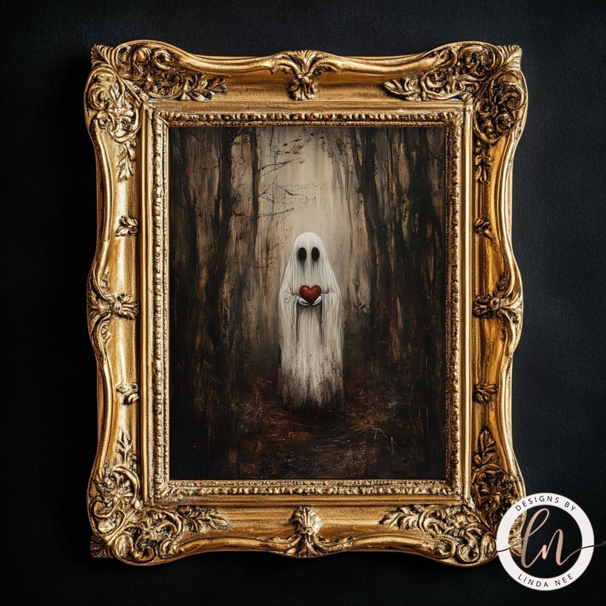 Hollow eyed ghost figure holding a small red heart in the forest
