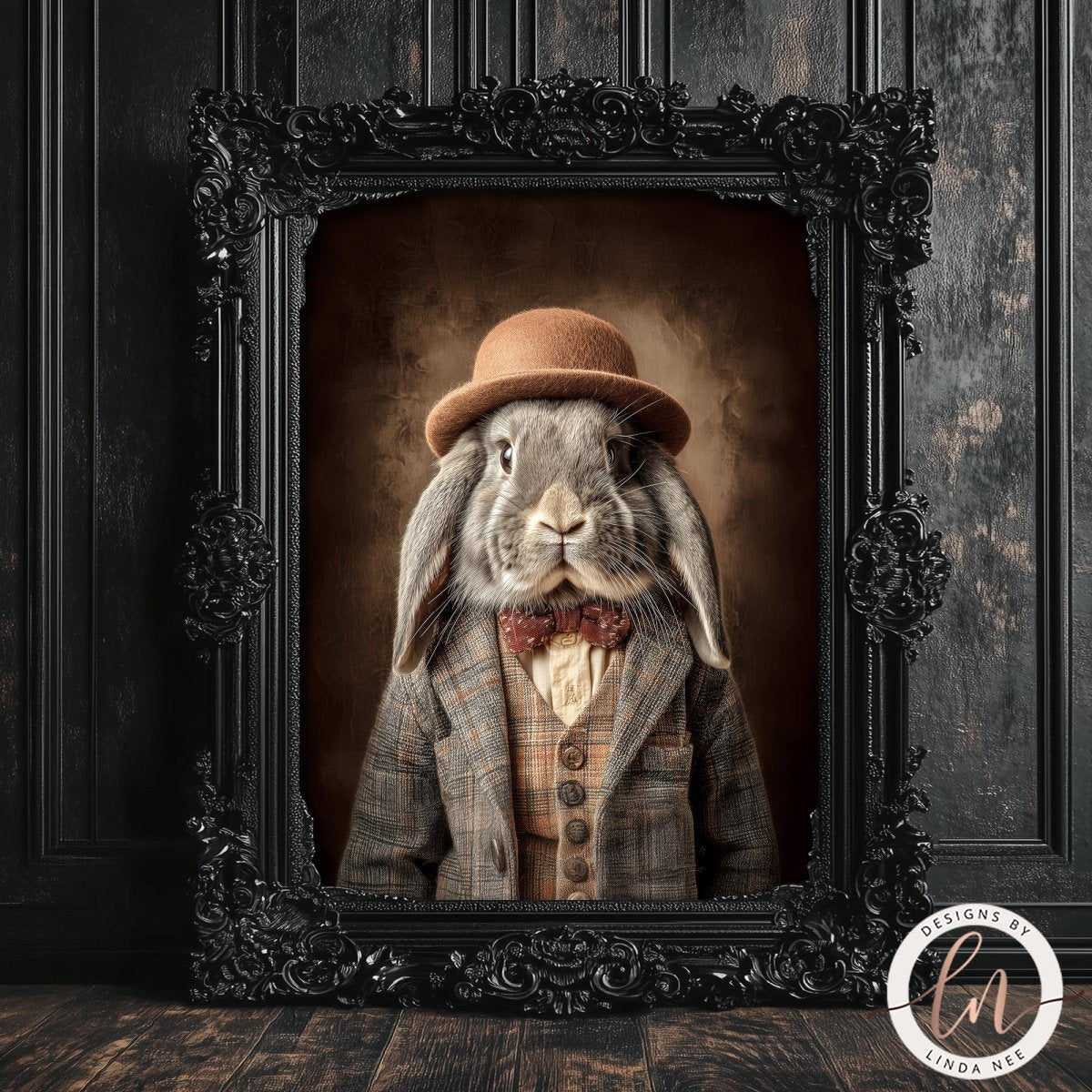 A gray rabbit wearing a hat and a plaid jacket, standing in a black ornate frame against a dark background.