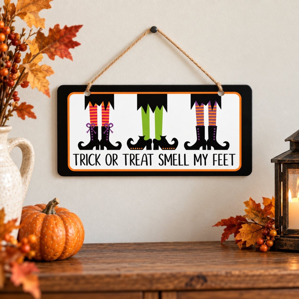 Trick or Treat Smell My Feet sign on a shelf with fall decor