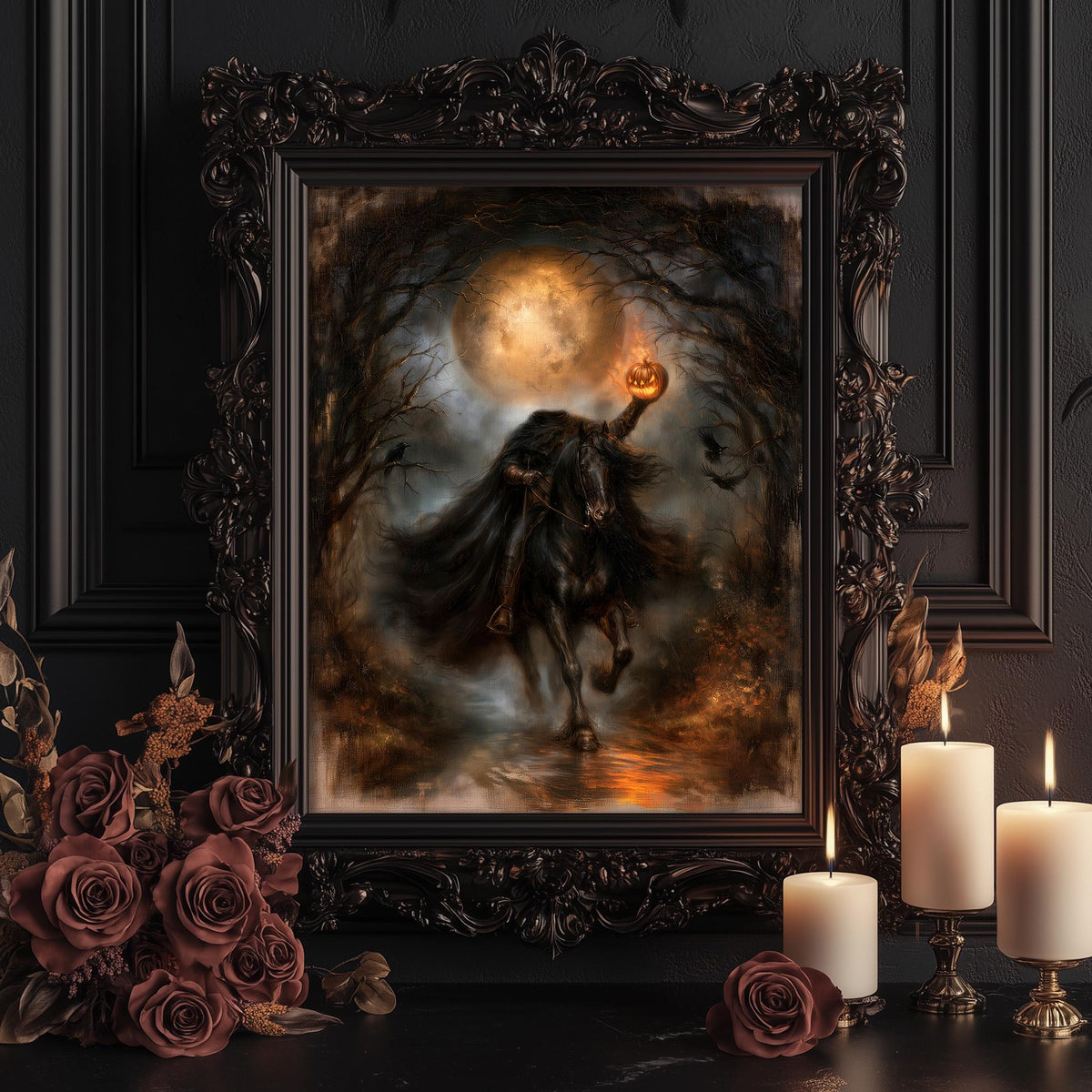 Headless horseman print shown framed for display among candles and dark roses