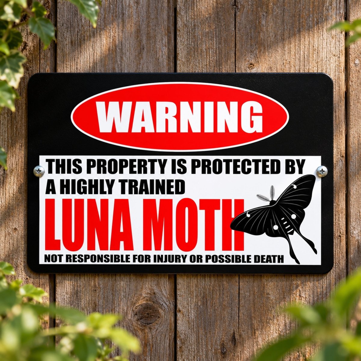 Front view of the highly trained luna moth metal warning sign with its this property is protected message