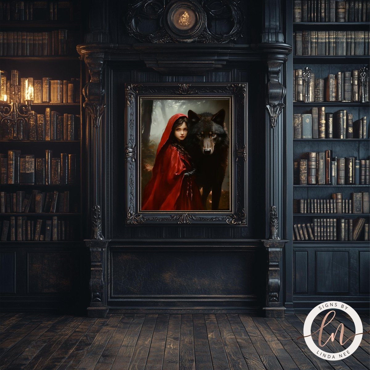Wolf and red hood artwork displayed in a room with a chandelier