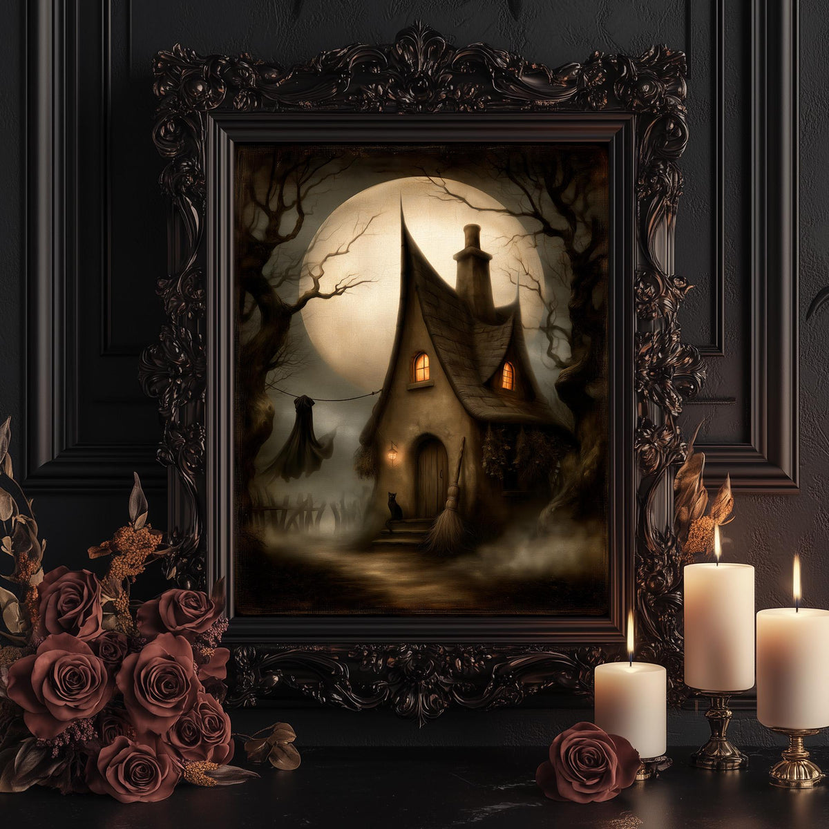 Witch cottage print shown framed for display among candles and dark roses
