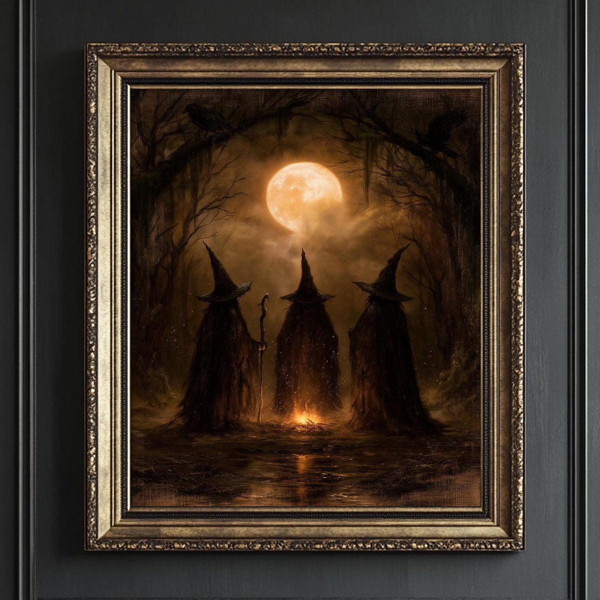Coven of three witches standing among twisted trees in the moonlight