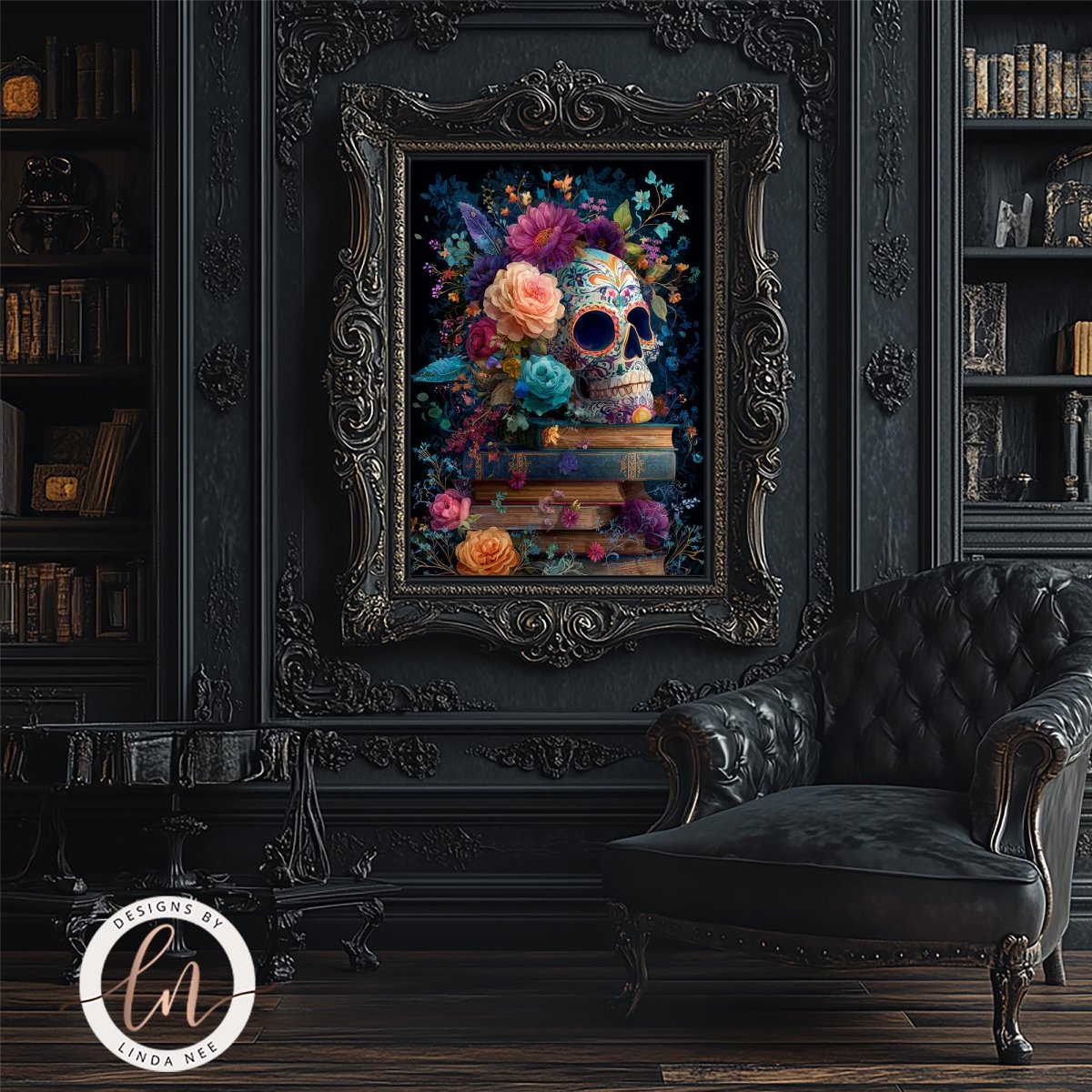 a dark, ornate room with a large framed painting of a skull surrounded by colorful flowers and books. The painting is hung on a wall above a black leather armchair, creating a striking contrast between the dark and vibrant elements.