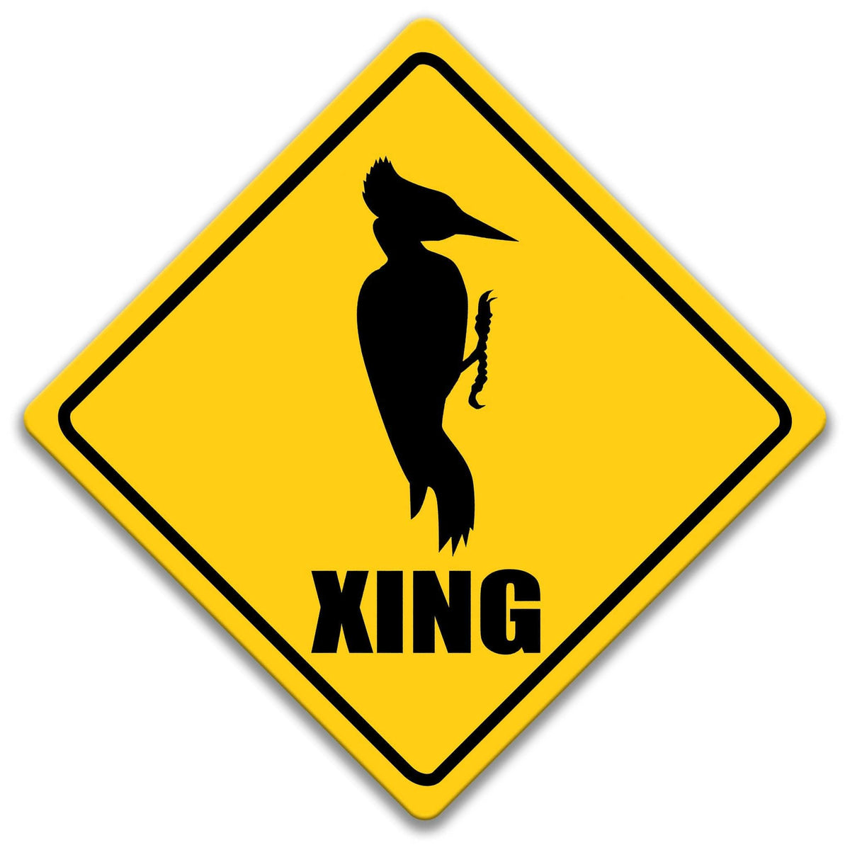 A yellow diamond-shaped road sign with a black silhouette of a bird, specifically a woodpecker, and the word "XING" below it.
