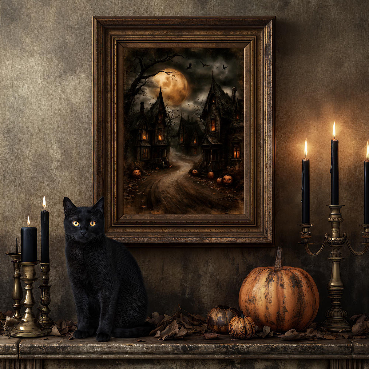 Black cat on a mantel below the moonlit village print and Halloween decorations