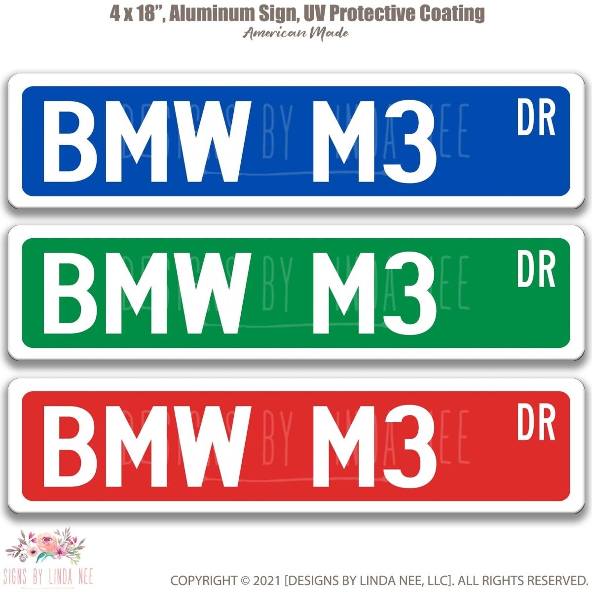 BMW M3 DR street name sign shown in three aluminum color options