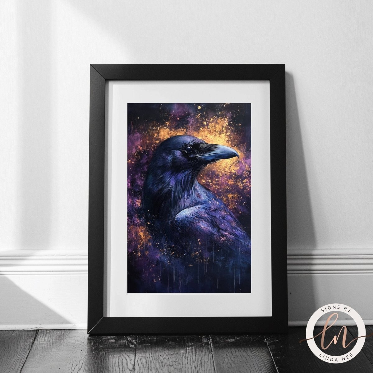 Raven portrait artwork shown against a vibrant colorful background