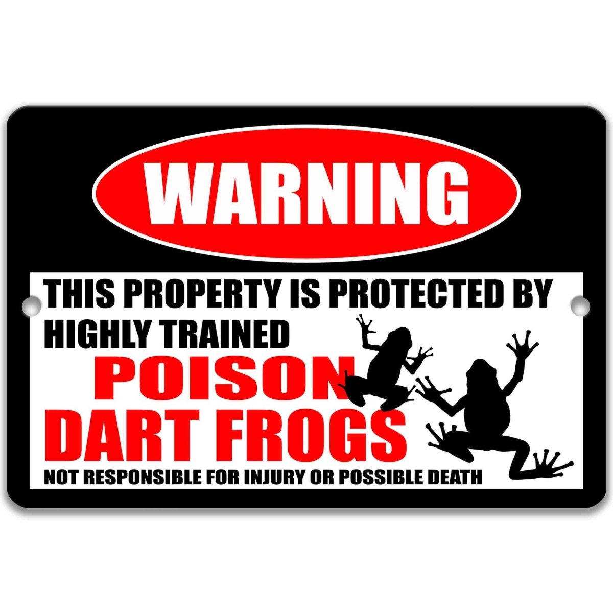 Poison dart frog warning metal sign, glossy black, red WARNING oval and climbing frog silhouettes