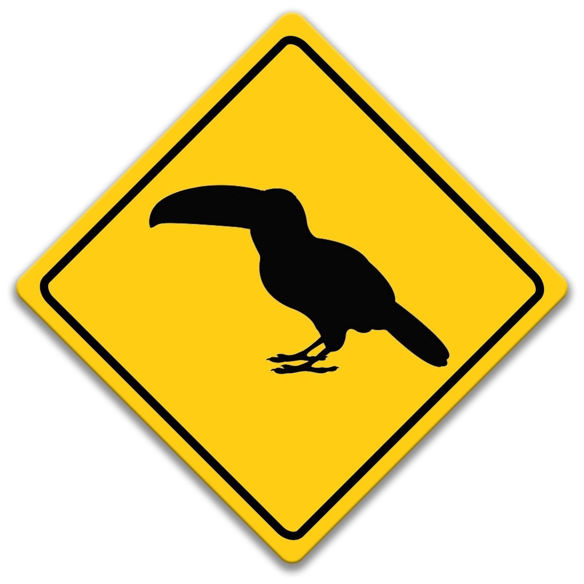 A yellow diamond-shaped road sign with a black silhouette of a bird, likely a toucan, on it.