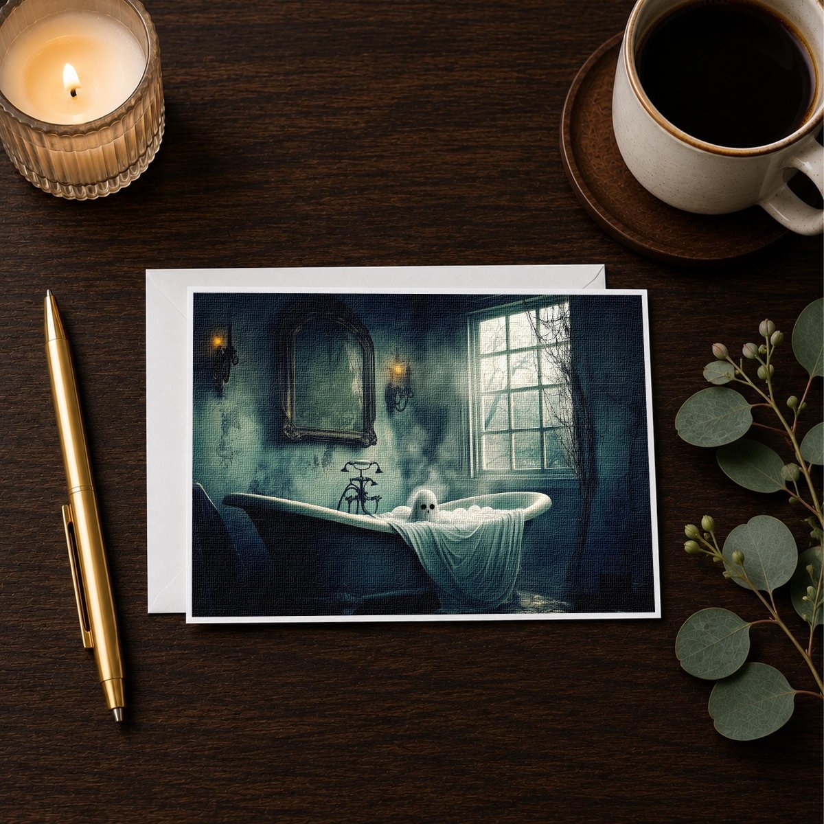 Ghost bathtub note card styled on a wooden desk with a candle, a pen and a coffee cup