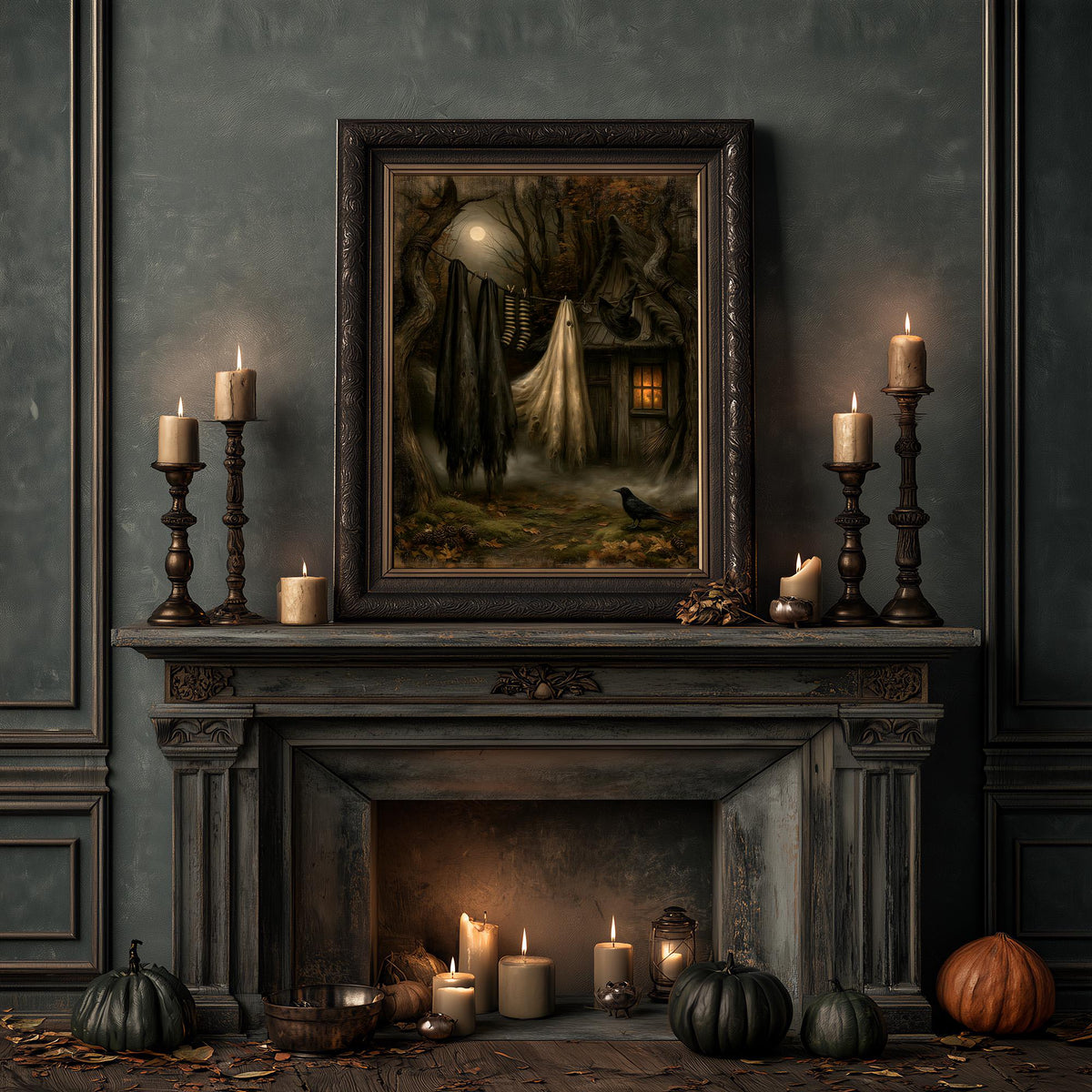 Cozy fireplace with candles and pumpkins below the gothic witch cottage print