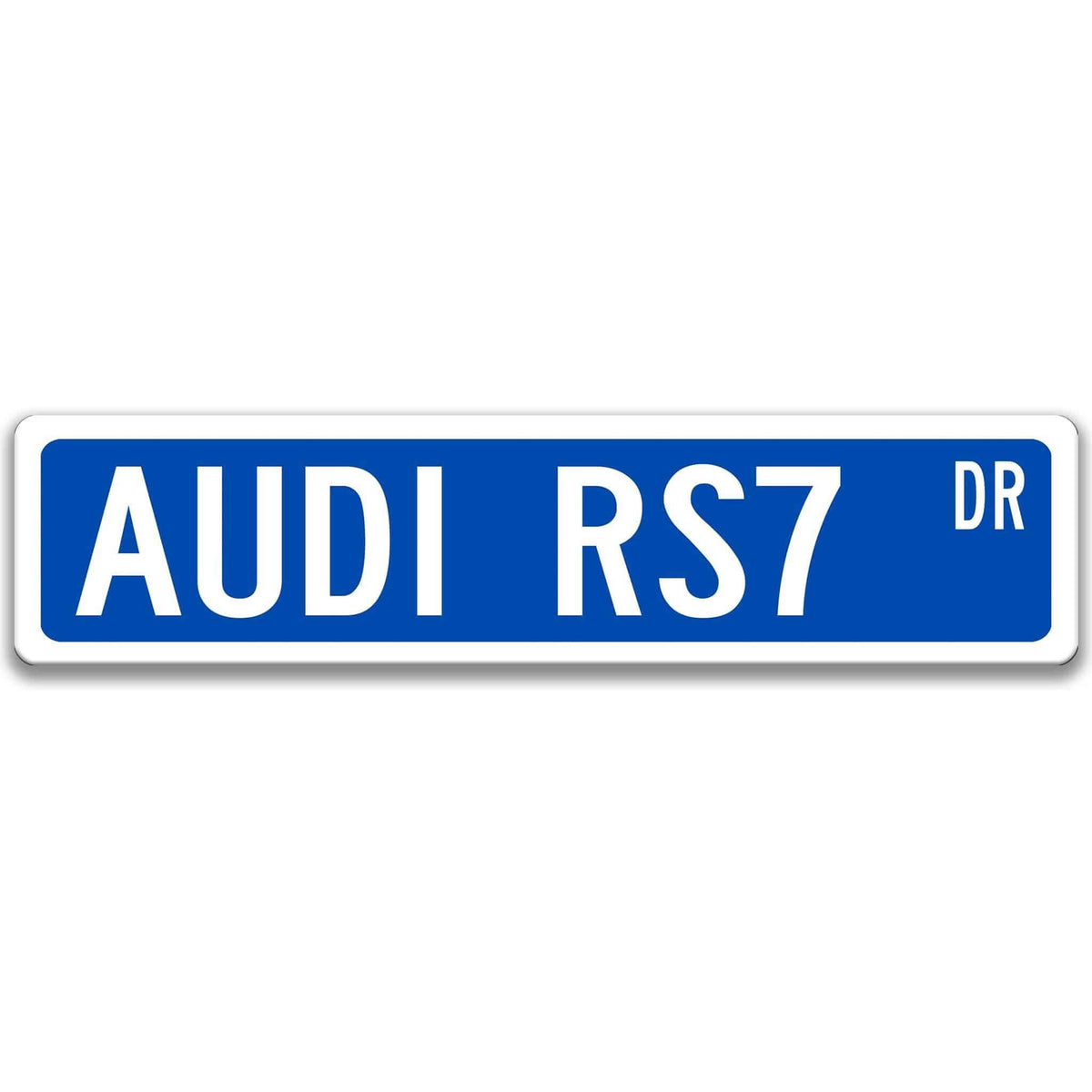 Blue Audi RS7 Avant DR aluminum street sign with white lettering