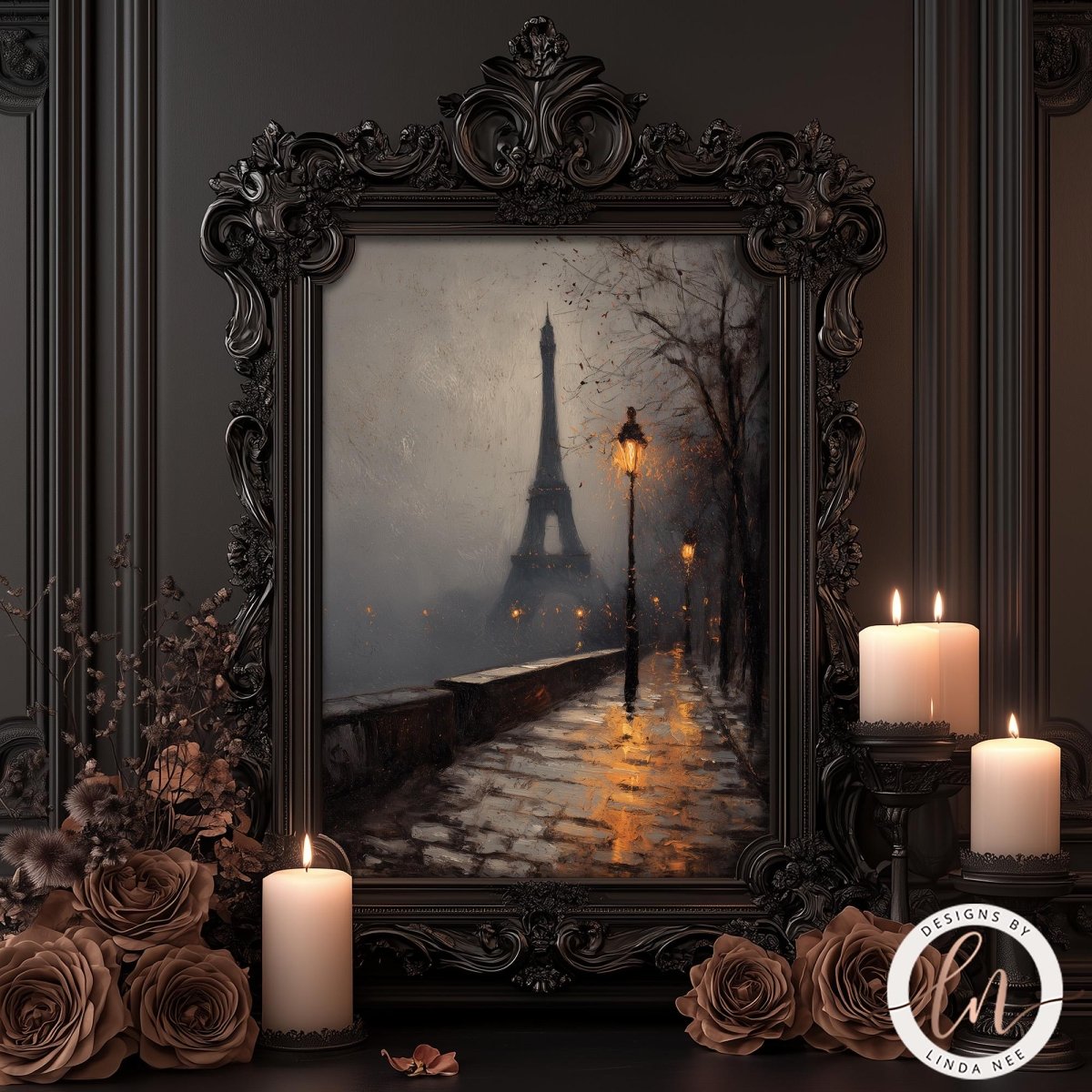 a painting of the Eiffel Tower in Paris, France, surrounded by a decorative frame and candles.
