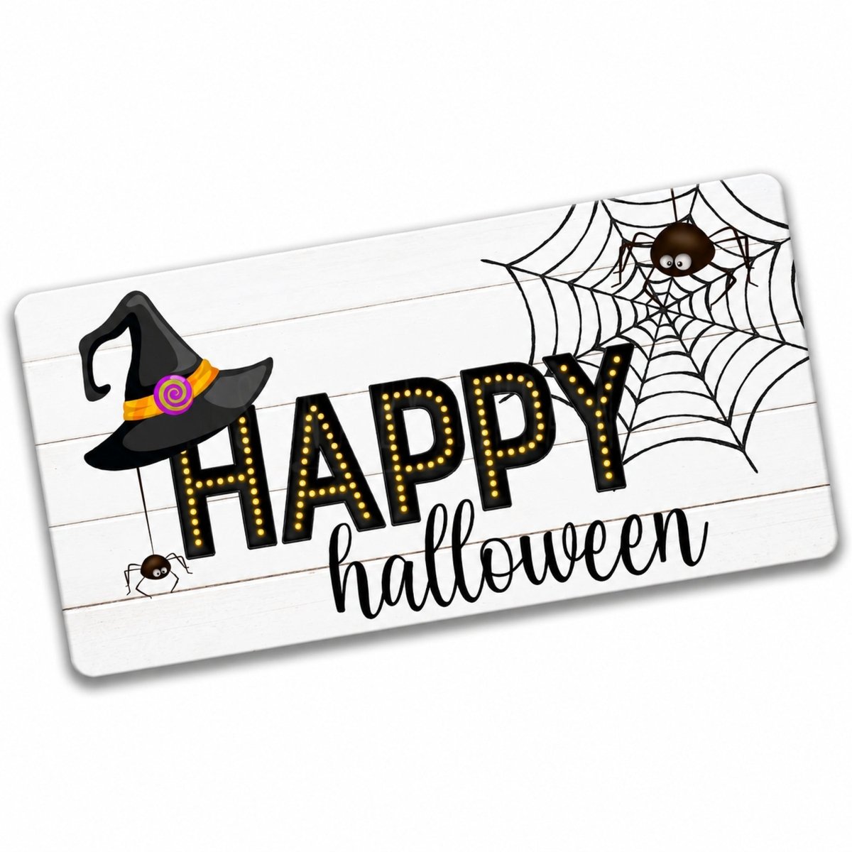 Witch Hat and Spider Happy Halloween 6x12 metal wreath sign with a black witch hat and spider