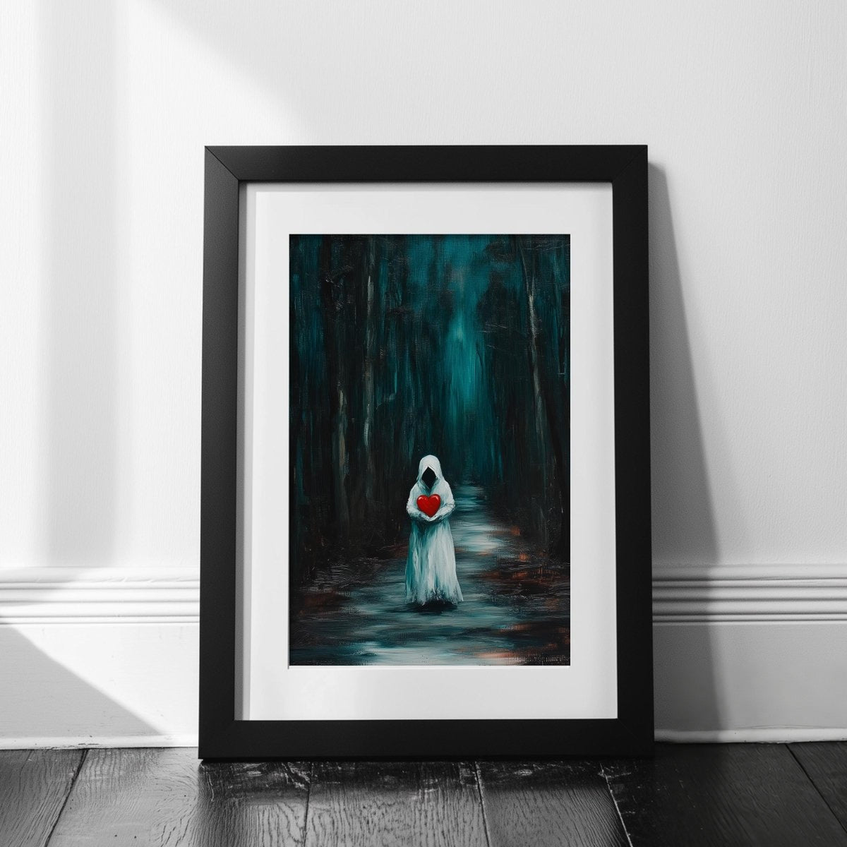 The image is a framed painting depicting a person in a white robe holding a red heart, standing in a forest setting.