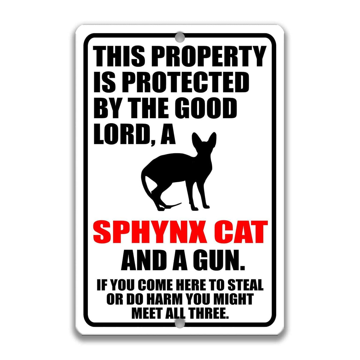 a sign that reads "THIS PROPERTY IS PROTECTED BY THE GOOD LORD, A SPHYNX CAT AND A GUN. IF YOU COME HERE TO STELARIZE OR DO HARM YOU MIGHT MEET ALL THREE."