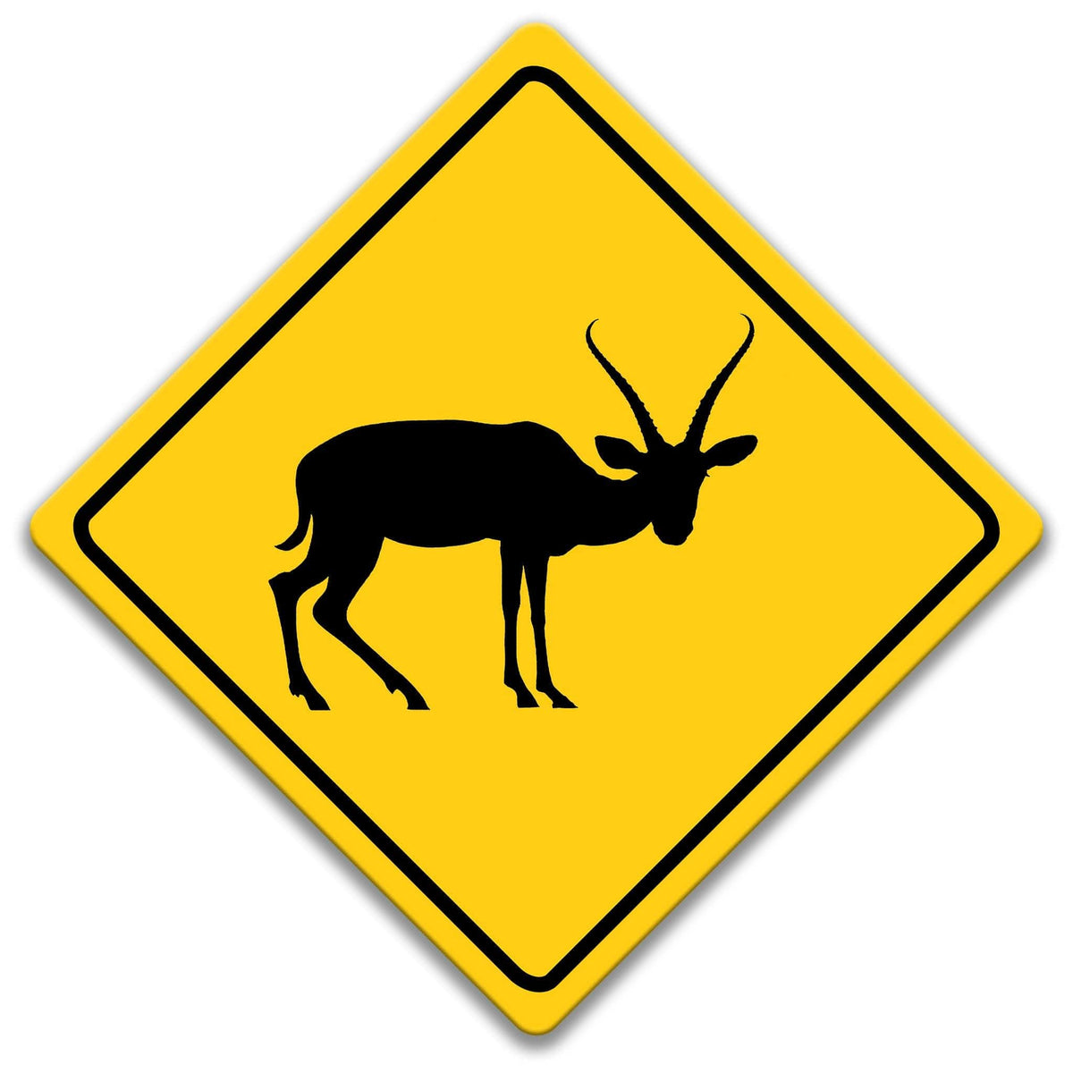 A yellow diamond-shaped road sign with a black silhouette of a gazelle or antelope.