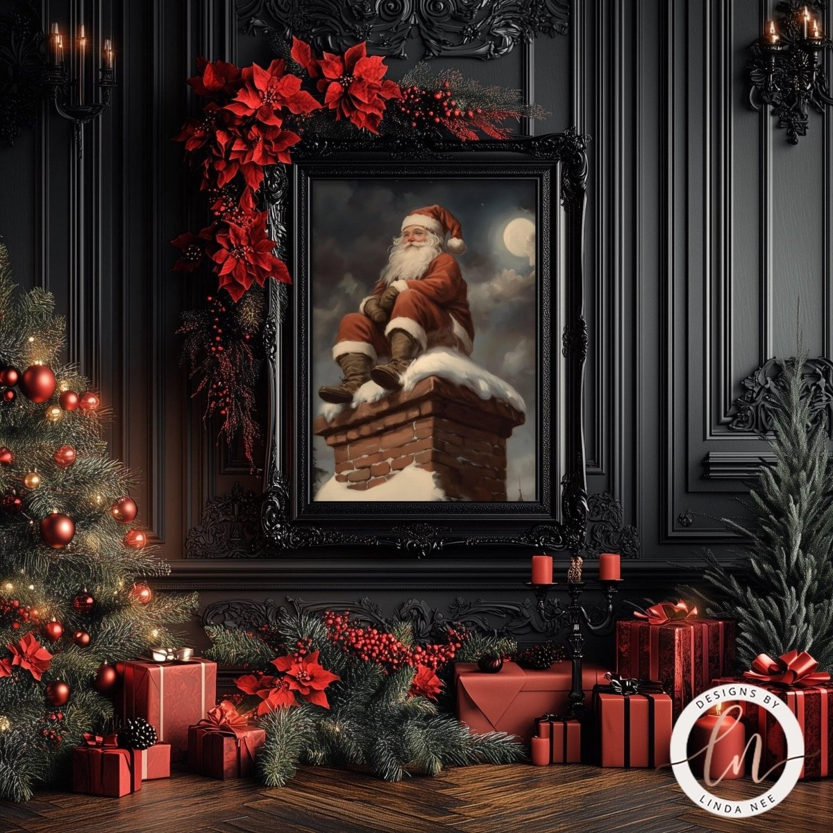 Santa on a moonlit chimney art print displayed with a lit tree and presents