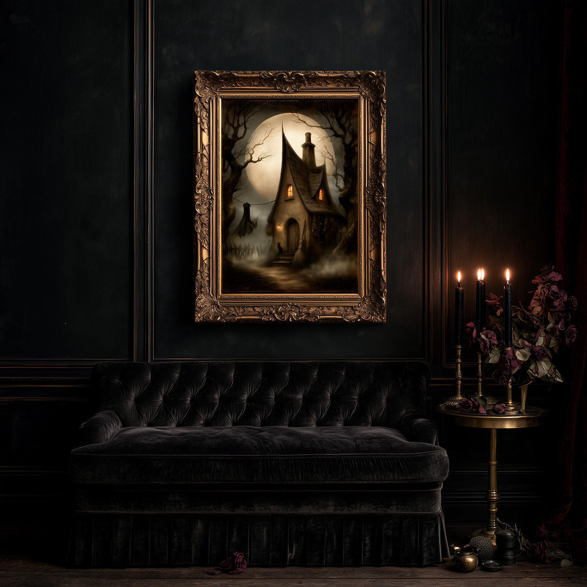 Large cottage artwork above a black tufted sofa on a dark painted wall