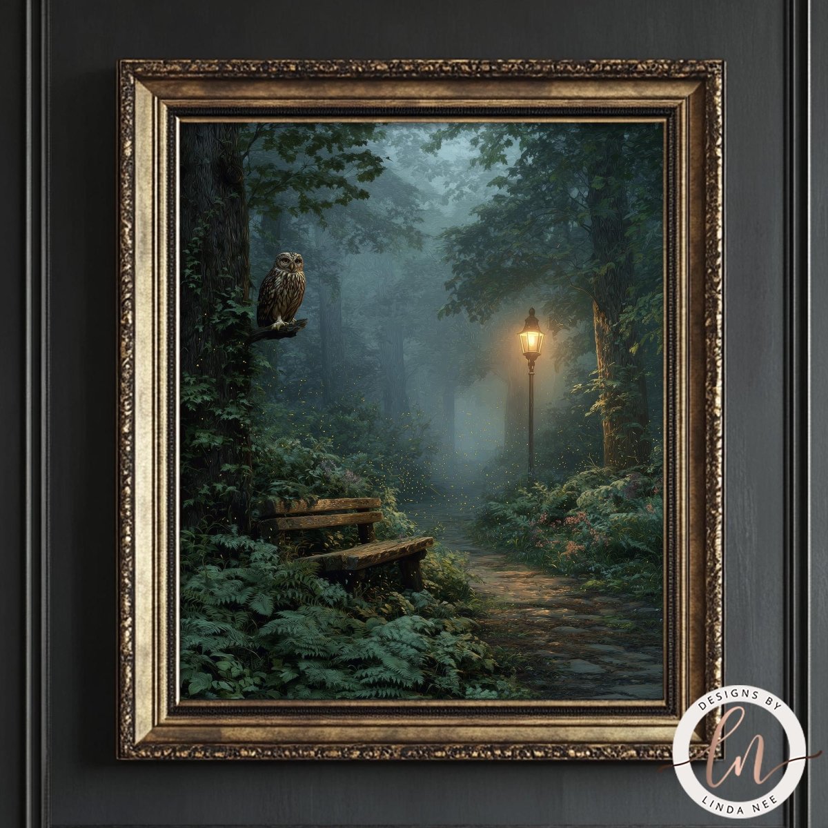 A painting of a forest scene with a bench and an owl perched on a tree branch, illuminated by a lantern in the distance.