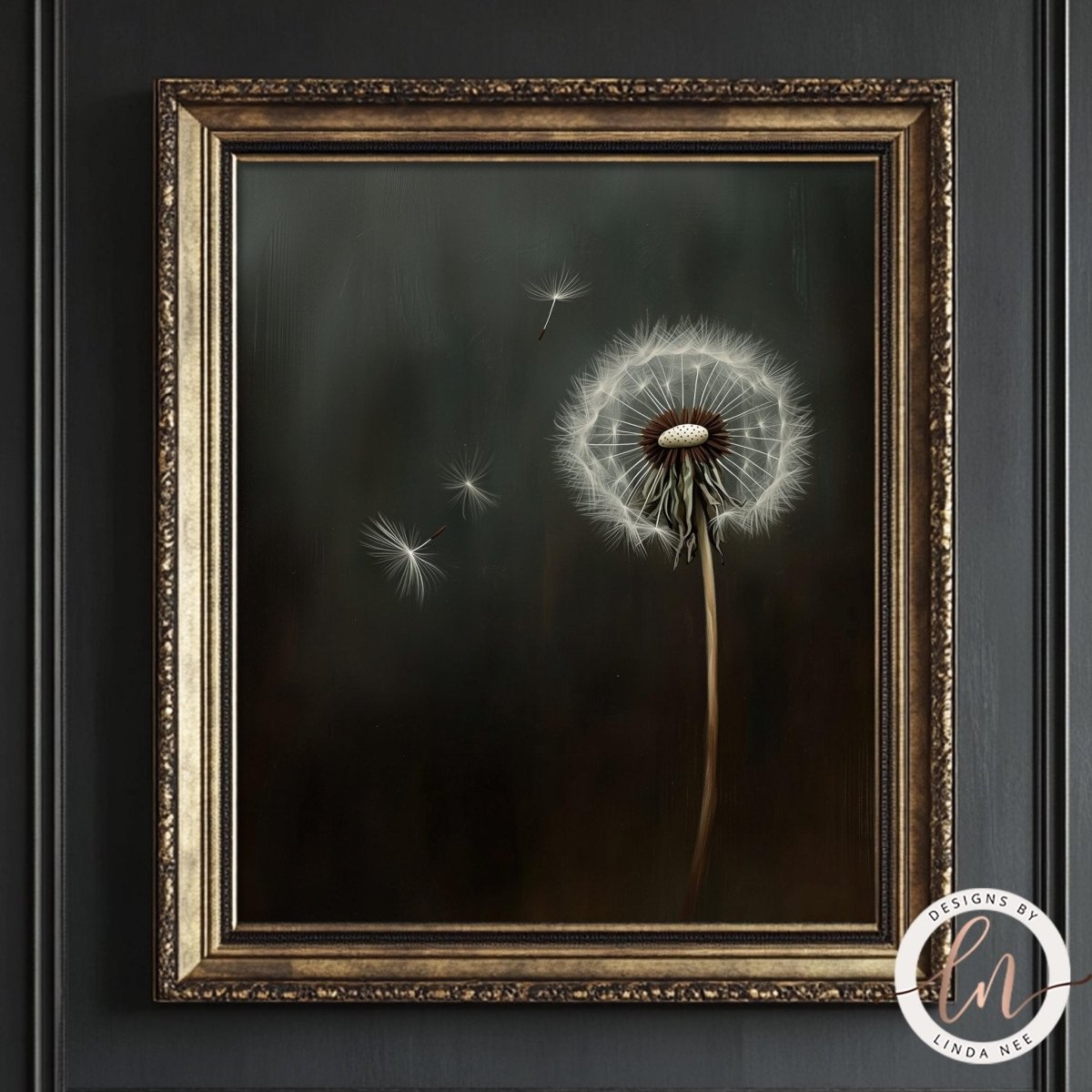 Dandelion wall art print displayed in a gold ornate frame