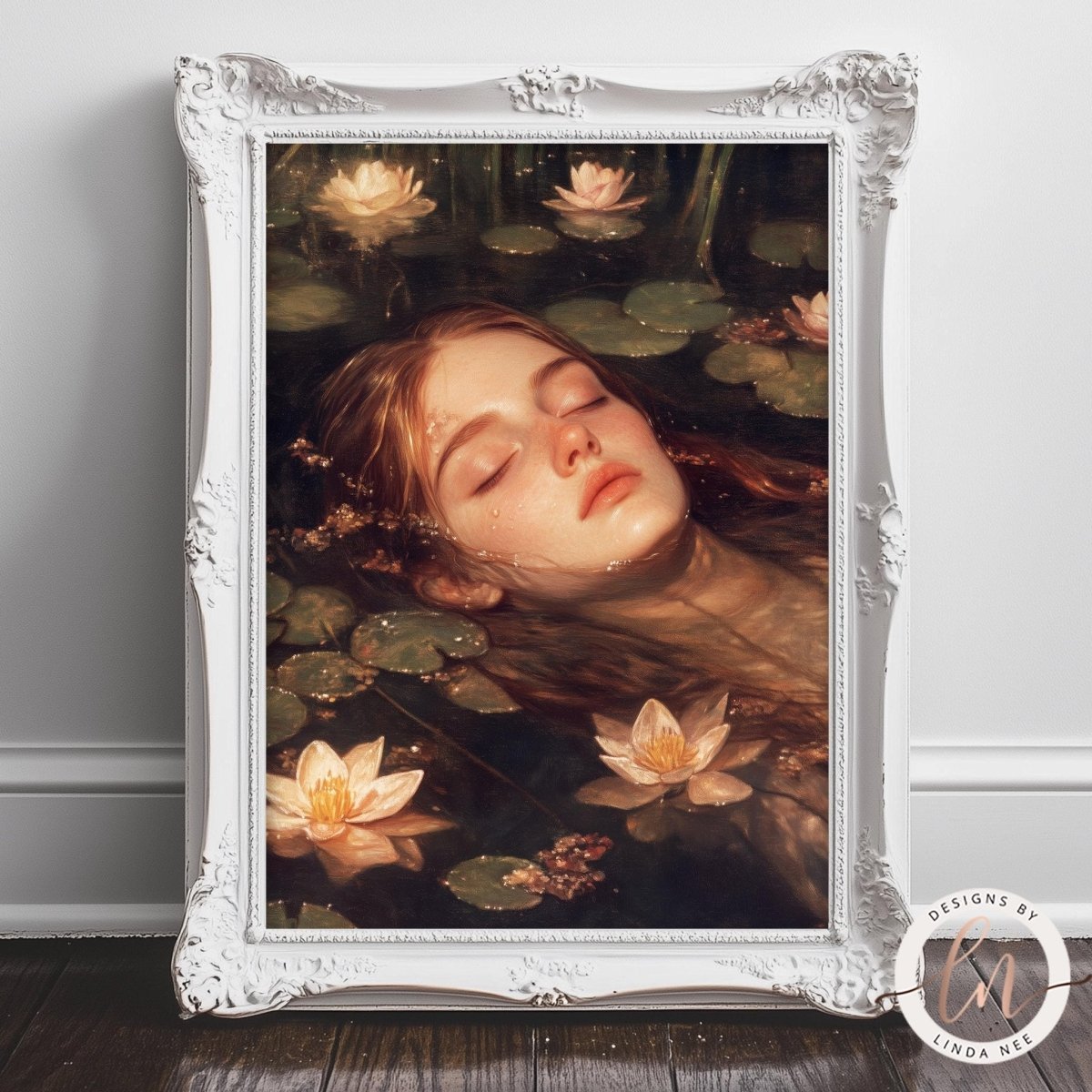 Face with closed eyes floating among lily pads and water lilies