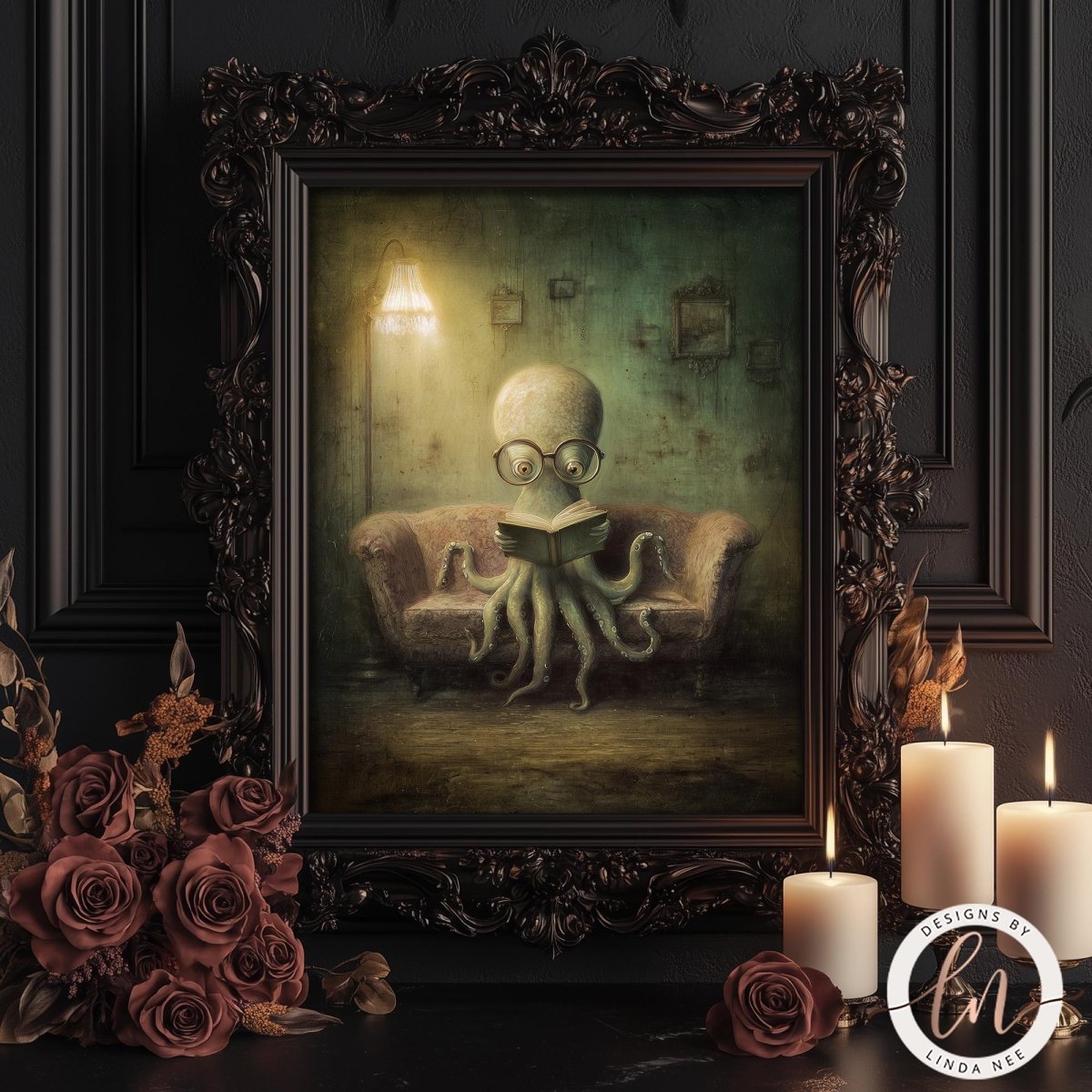 an octopus sitting on a couch, reading a book, with a lamp and candles in the background.