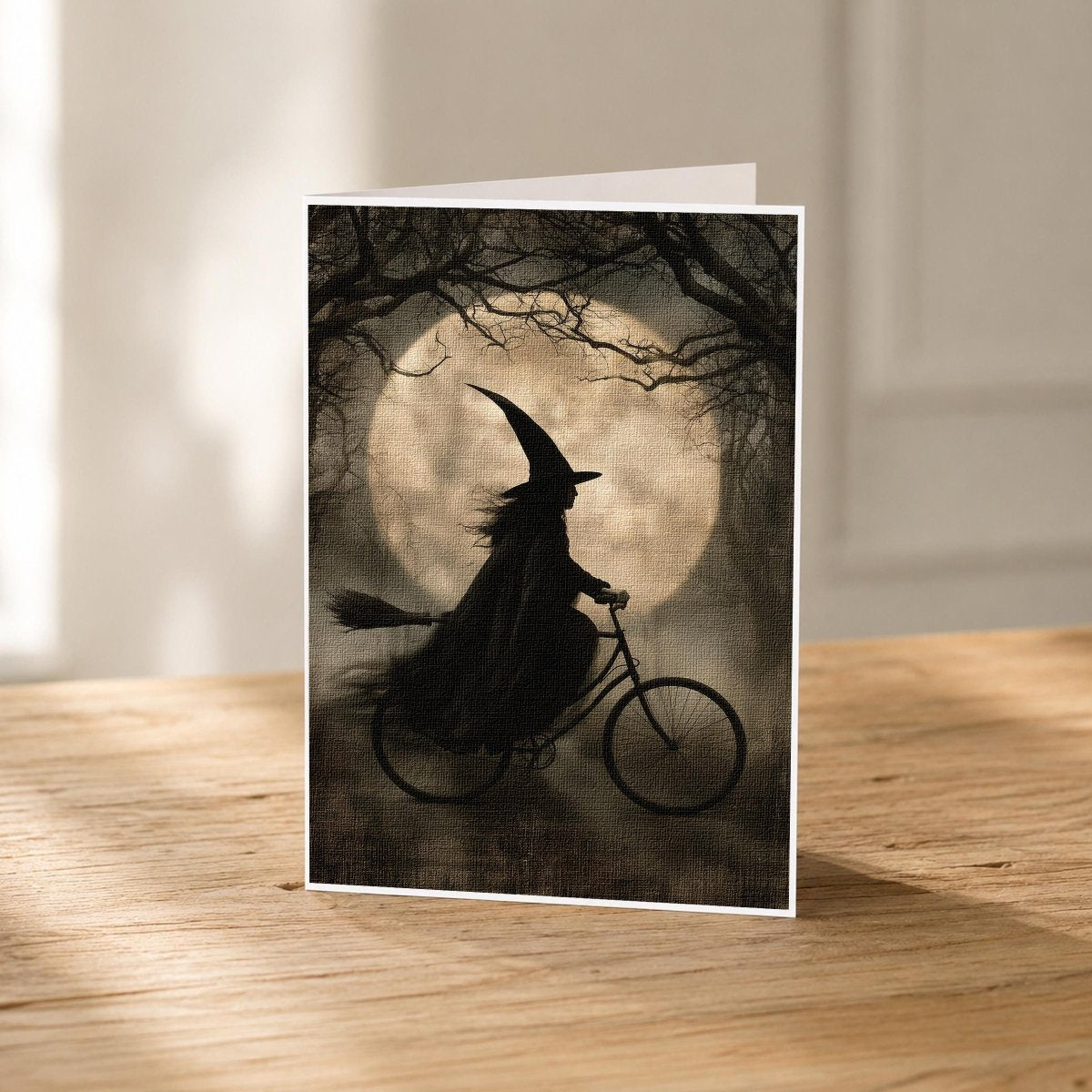 Vintage witch on a bicycle 5x7 Halloween note card front