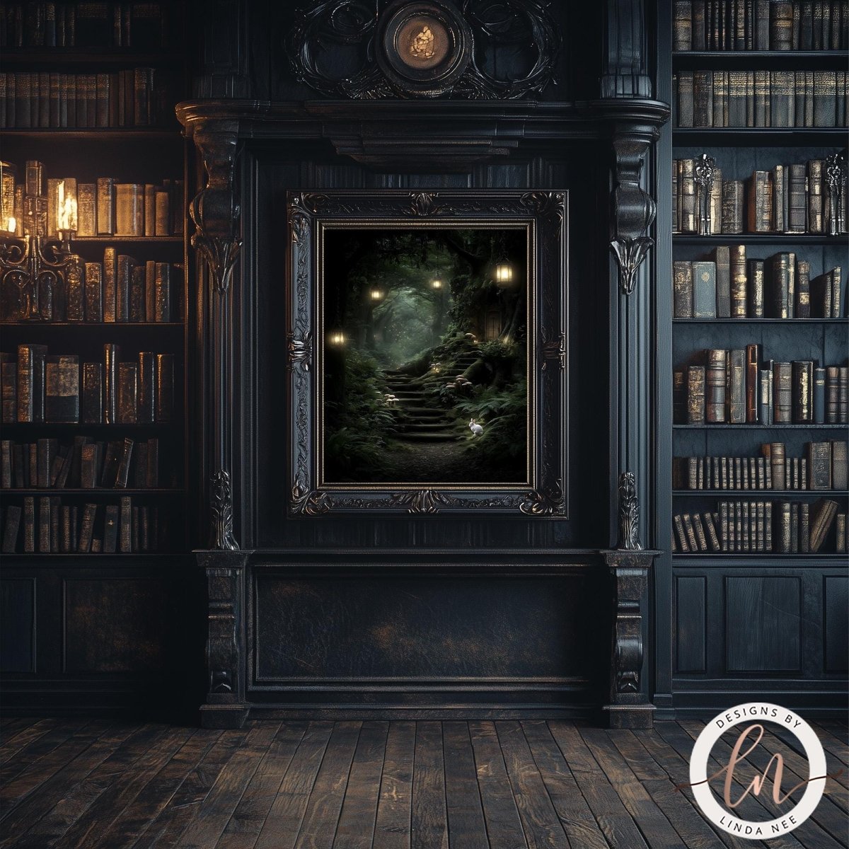 a dark, ornate room with a large bookshelf filled with books, a chandelier hanging from the ceiling, and a framed painting of a forest scene on the wall.