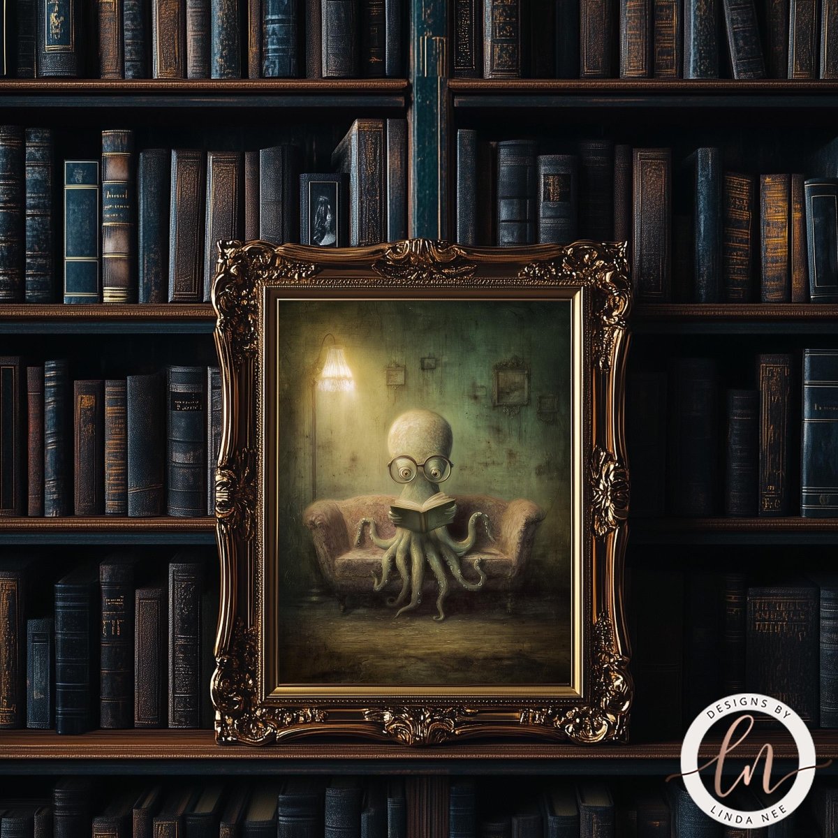 a painting of an octopus sitting on a couch and reading a book, surrounded by a bookshelf filled with books.