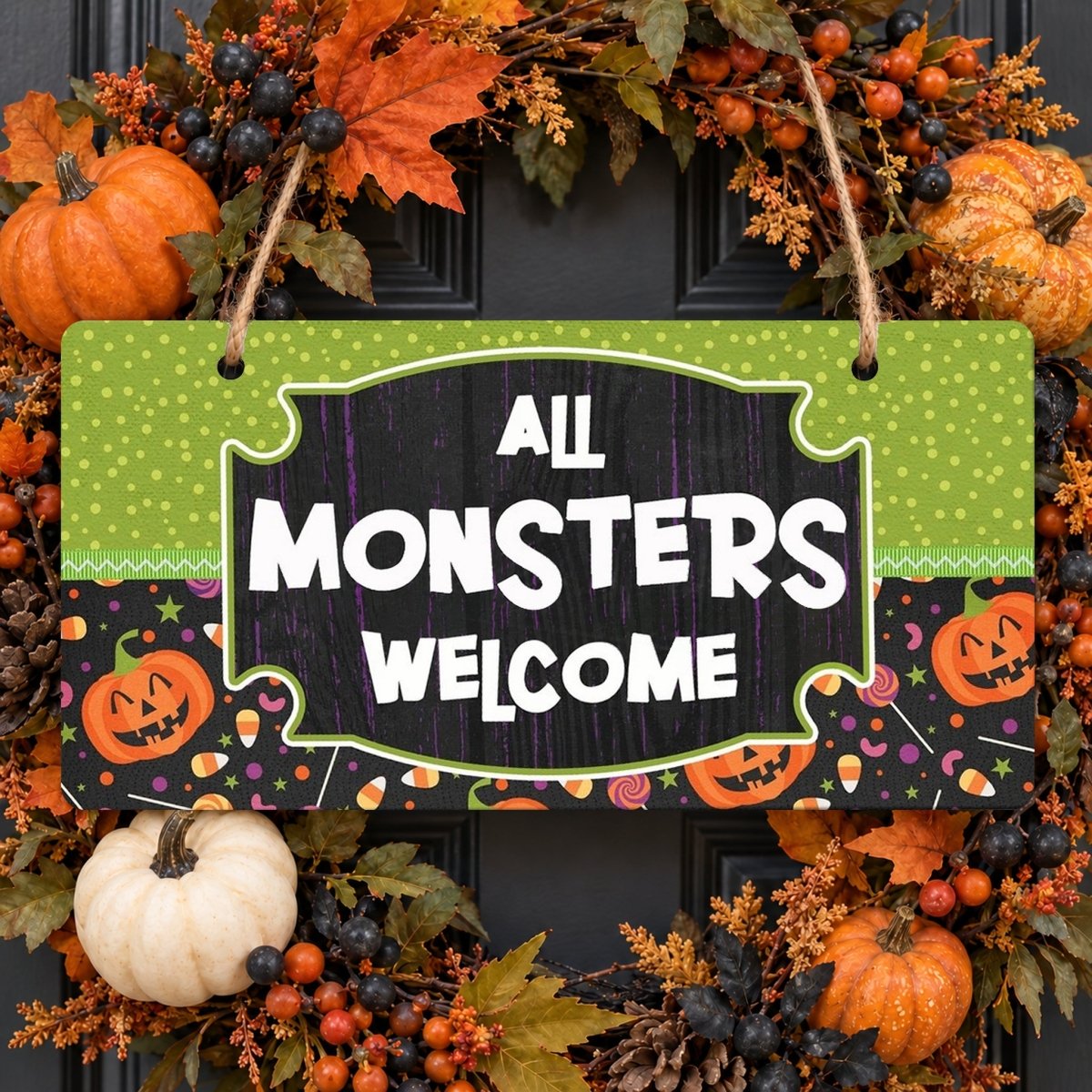 Polka Dot All Monsters Welcome sign centered in a door wreath