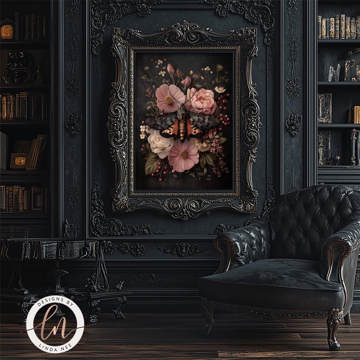 a dark, ornate room with a large floral painting hanging on the wall, a black leather armchair, and a bookshelf filled with books.