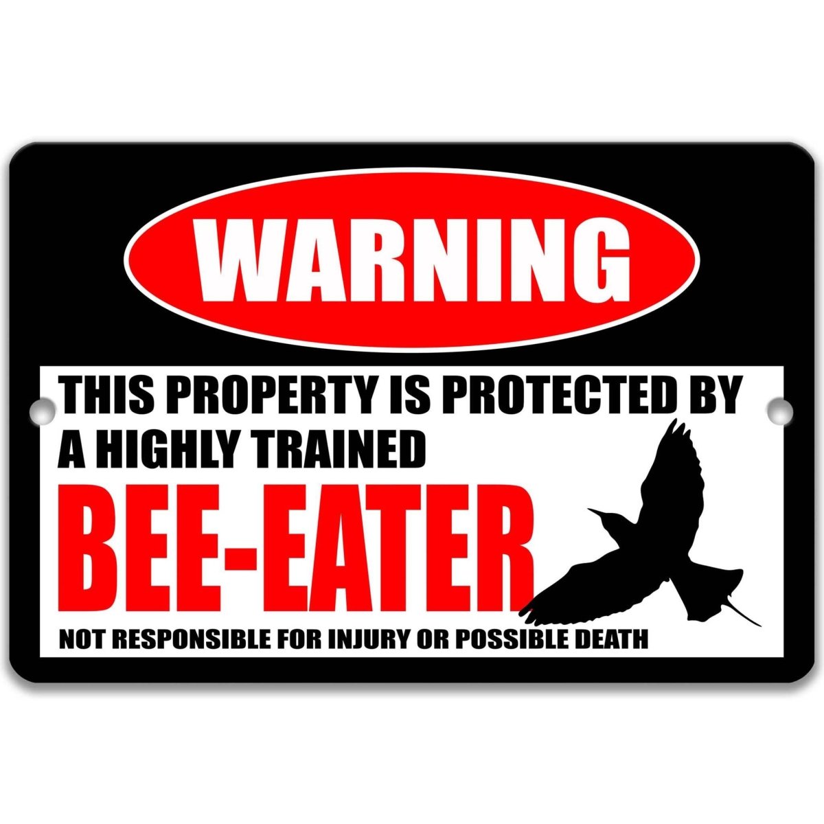 Bee-eater warning metal sign, glossy black, red WARNING oval and slender bee-eater silhouette