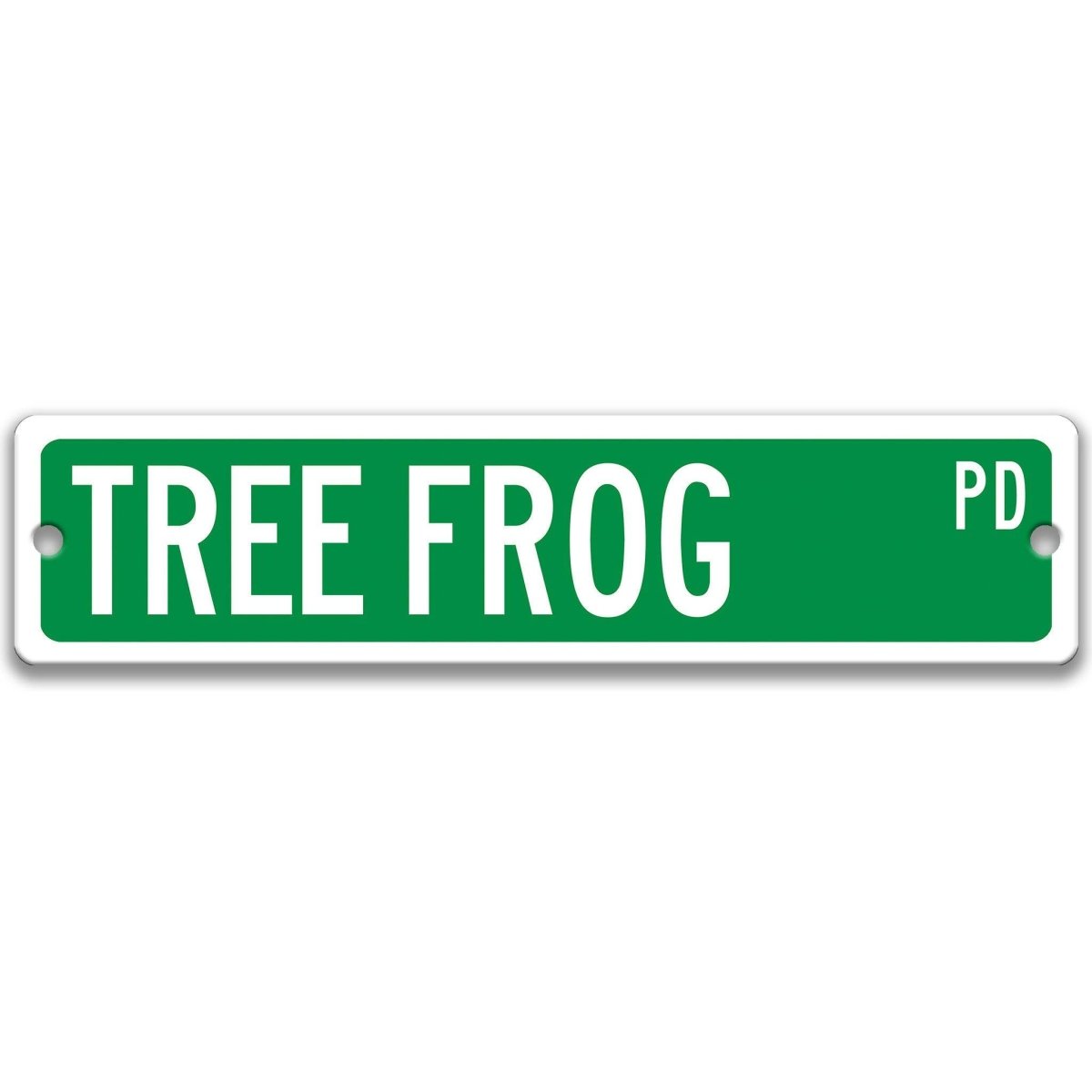 Tree Frog Street Name metal sign with green background