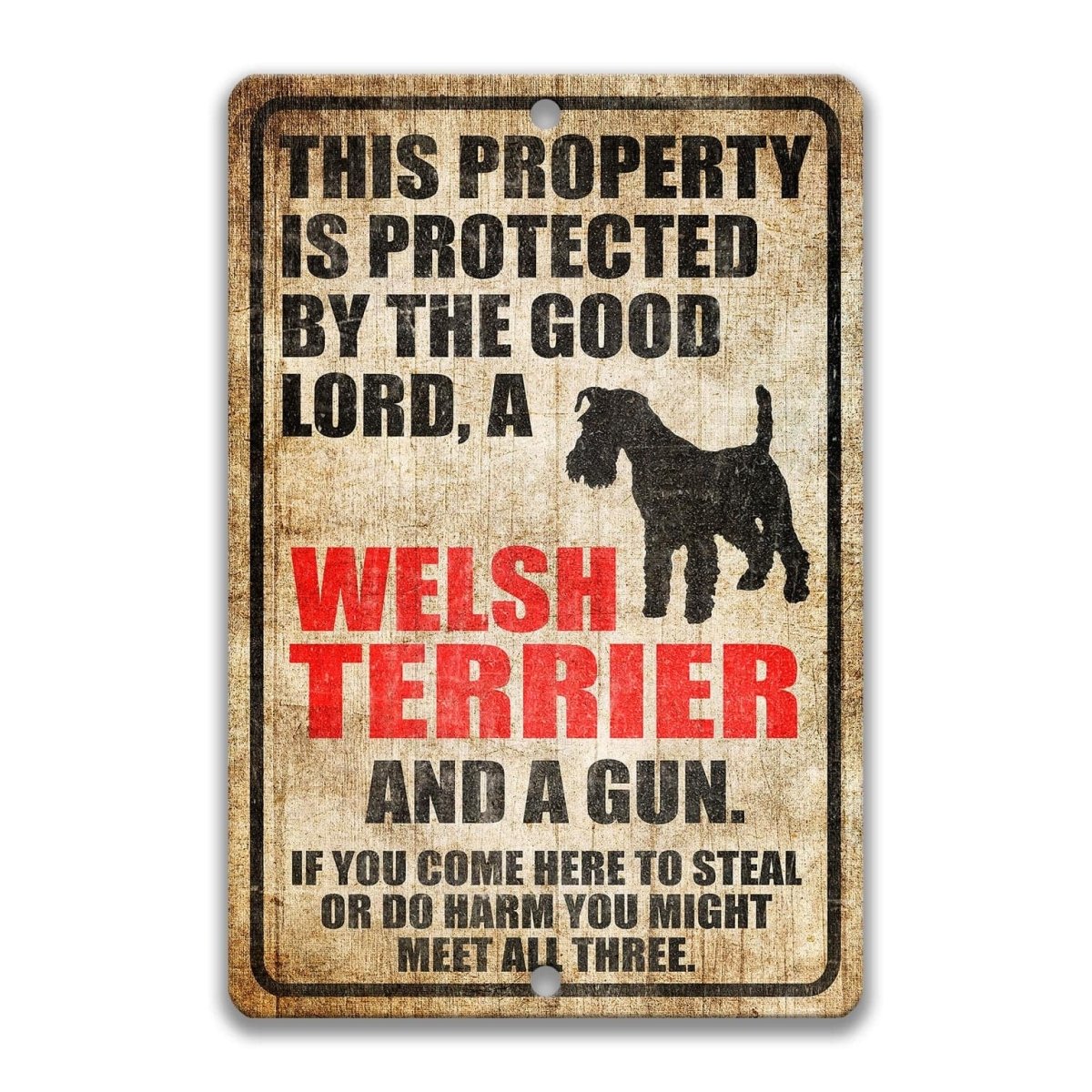 The image is a sign that reads "This property is protected by the good Lord, a Welsh Terrier, and a gun. If you come here to steal or do harm, you might meet all three."