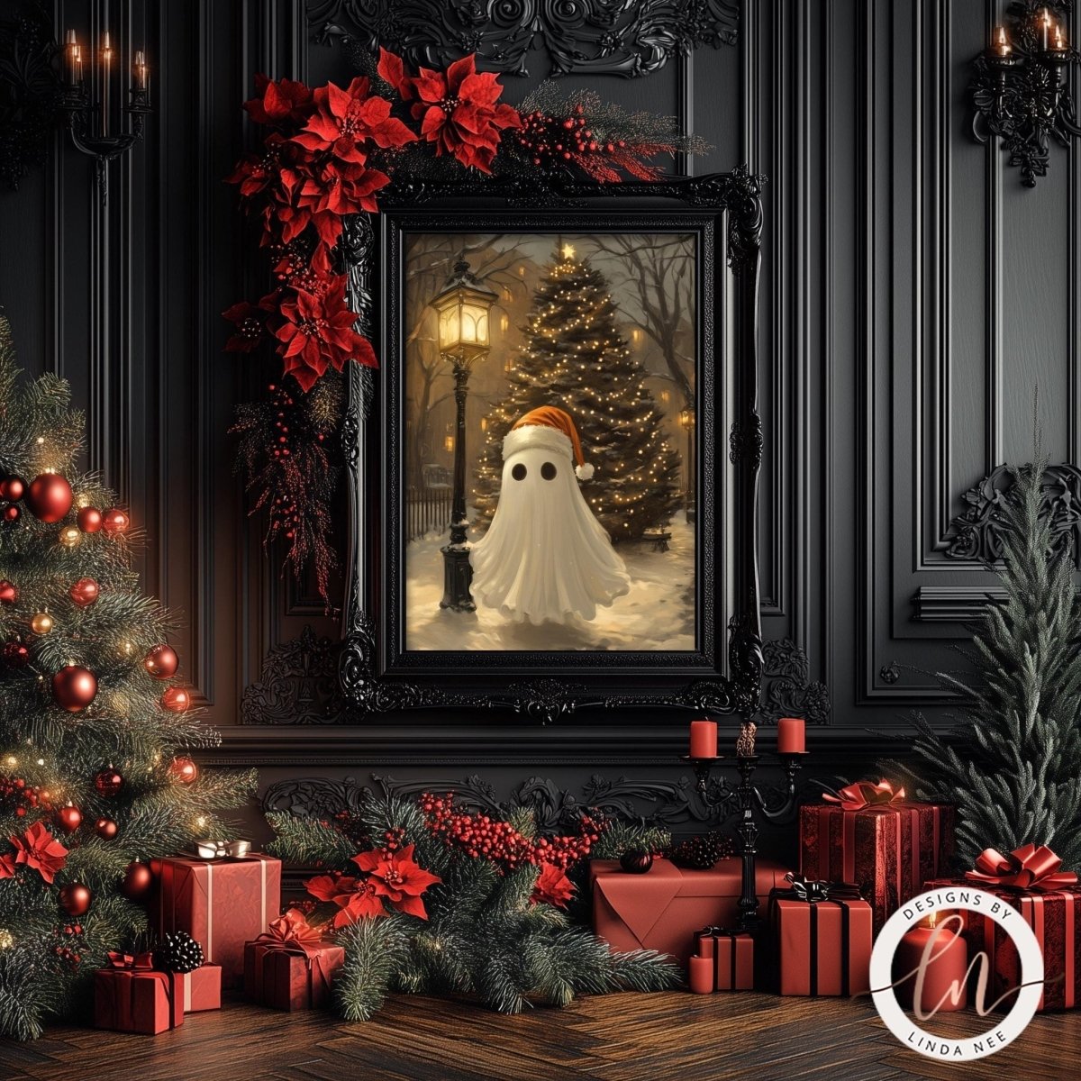 Victorian Christmas ghost print displayed with a wreath, poinsettias and red gifts